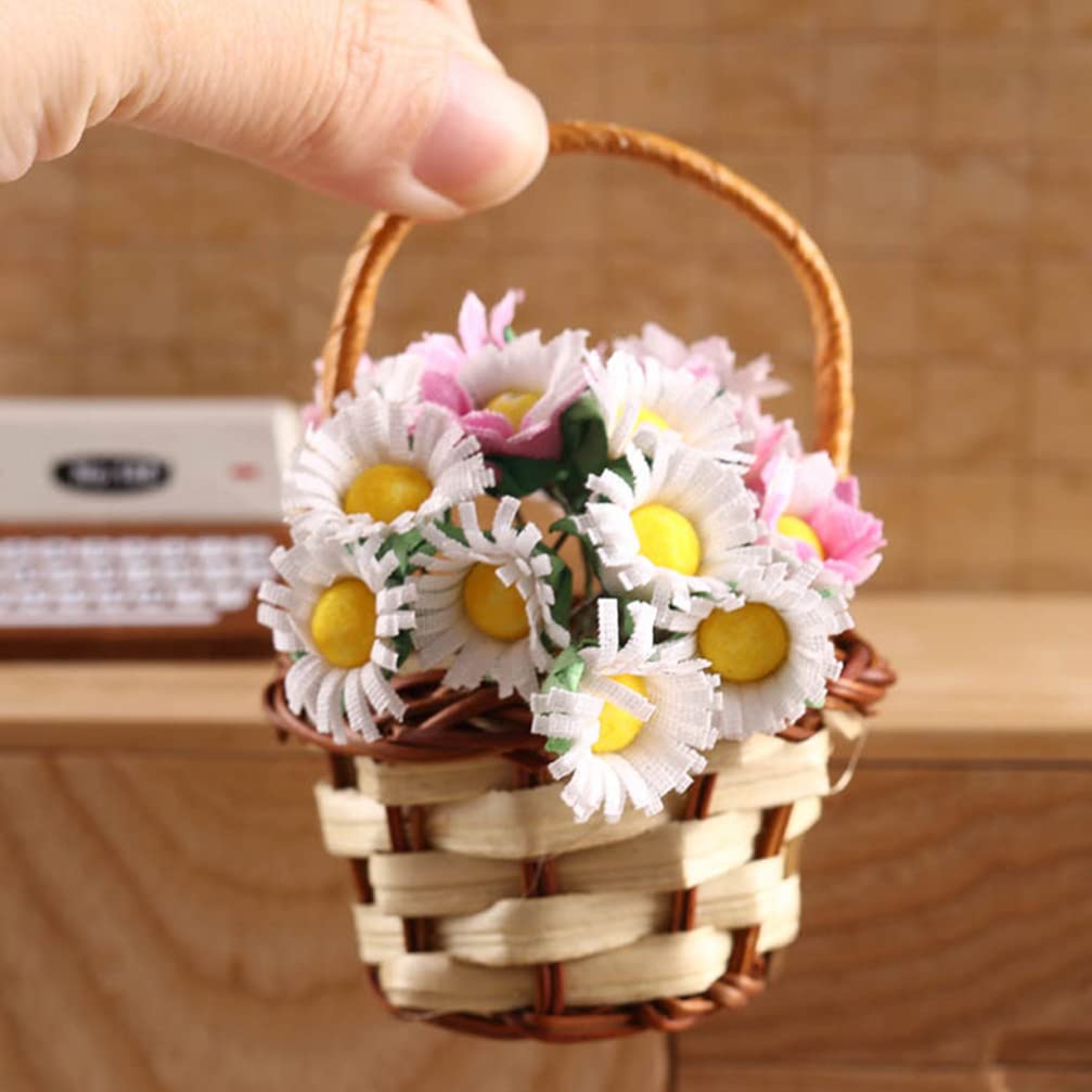 Miniature Flower Basket Doll - Tiny Bamboo Picnic Basket with Fake Plants & Candy for Micro Landscaping Decor | Perfect for Dollhouse, Fairy Garden, DIY Crafts & Tabletop Displays
