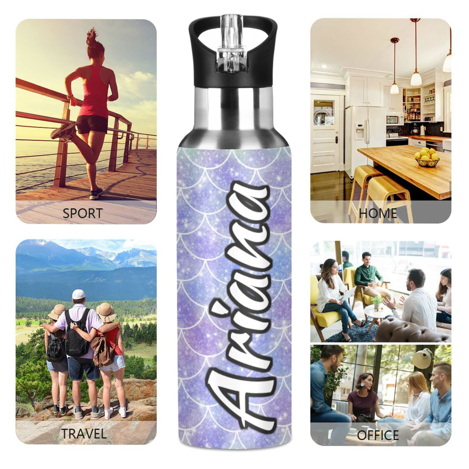 Personalized 20oz Insulated Mermaid Scales Water Bottle with Straw Lid - Custom Reusable Sports Bottle for Hiking, Gym, Yoga & Outdoor Activities