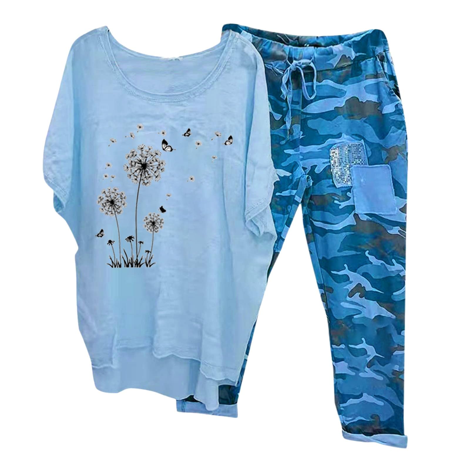 Women's 2-Piece Linen Lounge Set - Dandelion Print Short Sleeve Shirt & Camo Capri Pants | Breathable Summer Outfit for Casual Wear, Home Relaxation & Beach Vacation