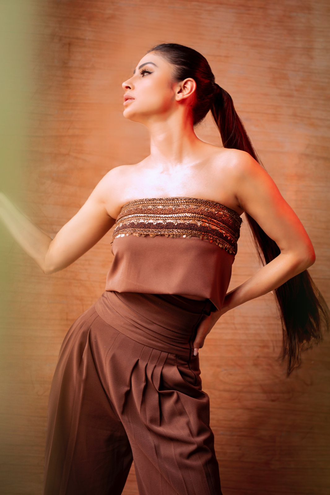 Dark Tan High Waist Pants with Tube Top and Aged Gold Embroidery - Elegant Women's Fashion Outfit for Party, Evening Wear and Special Occasions
