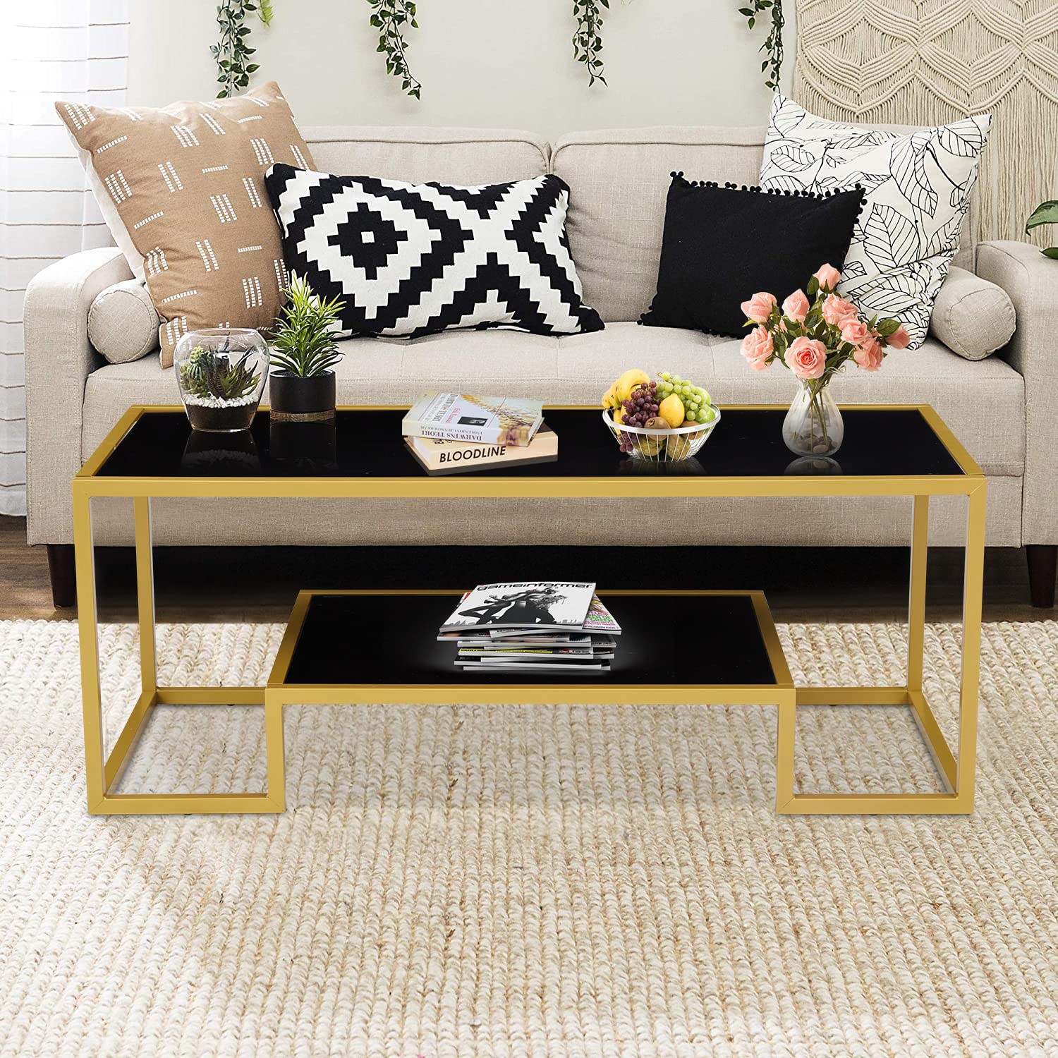Modern Brass Accent Coffee Table with Storage Shelf - 2-Tier Tempered Glass Center Table for Living Room, Office & Waiting Areas - Black & Gold Finish - Perfect for Small Spaces, Home Decor & Hospitality Settings