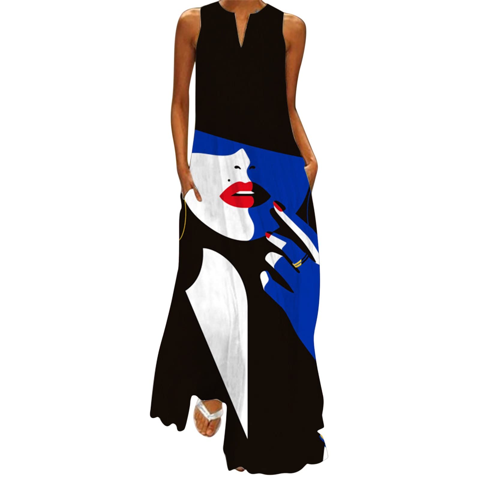 Elegant Women's Summer Casual Sleeveless V-Neck Maxi Dress - Flowy Boho Print Beach Dress for 2022 | Perfect for Vacations, Weddings & Outdoor Parties