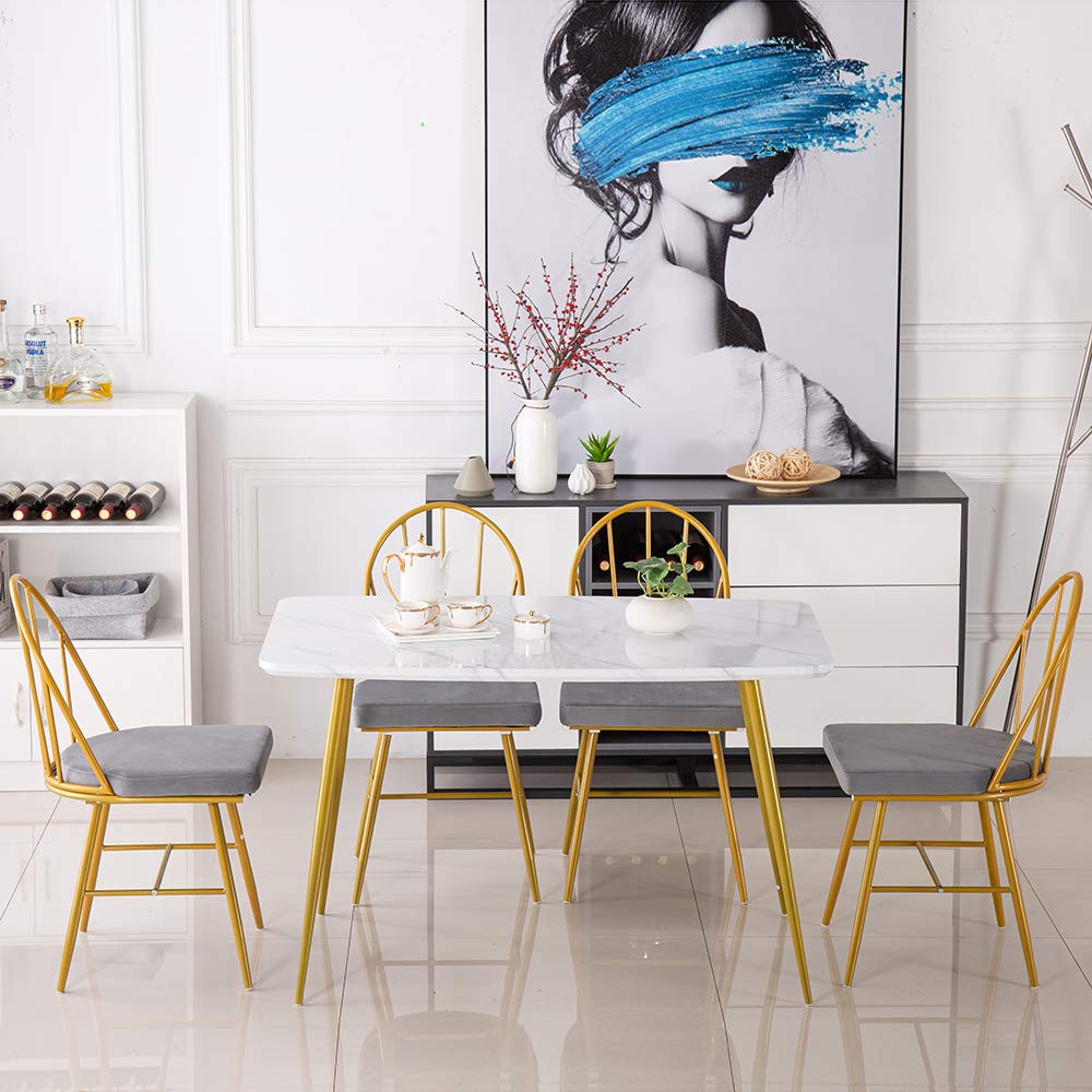 Modern White Gold Rectangular Dining Table with Golden Metal Legs - Elegant 4-6 Person Dinner Table, Simple Home Office Writing Desk Workstation (Table Only) - Perfect for Family Dining, Entertaining Guests & Home Office Workspace