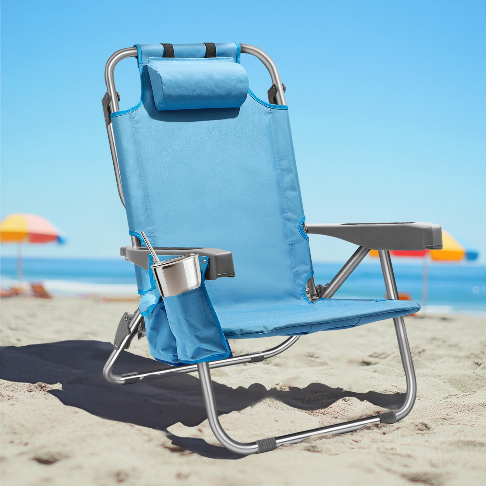5-Position Adjustable Aluminum Beach Chair for Adults - Portable Backpack Design with Cooler Pouch, Storage Pocket, Towel Bar & Cup Holder - Perfect for Beach, Camping, Poolside & Outdoor Relaxation (Blue)