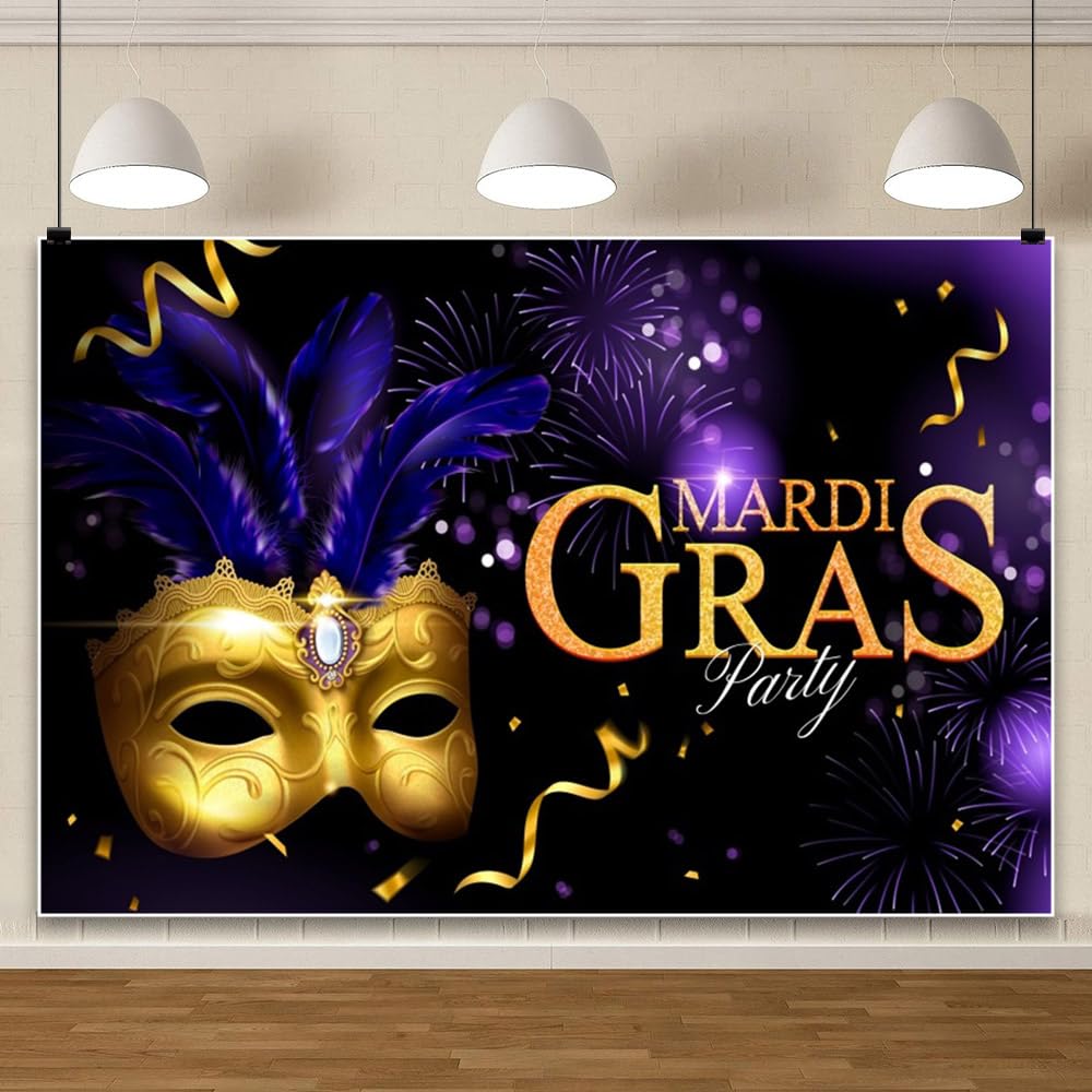Leowefowa 5x3ft Mardi Gras Backdrop - Golden Mask, Sparkling Fireworks & Streamers Photography Background for Masquerade Birthday Party, Carnival, Studio Props (Vinyl) - Perfect for Events, Photo Booths & Home Decor