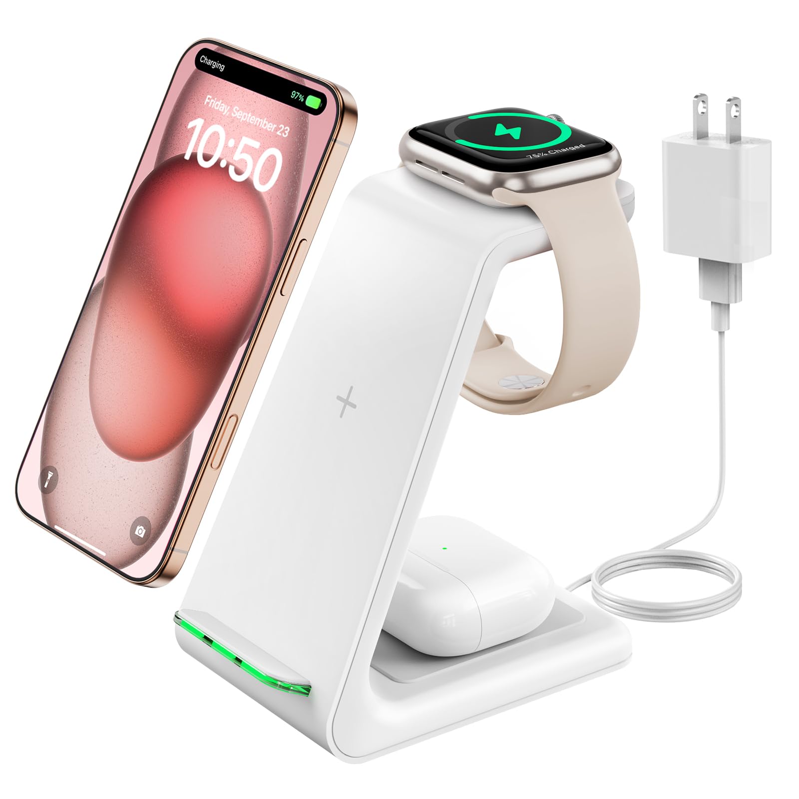 GEEKERA 3-in-1 Fast Wireless Charging Station for iPhone 16/15/14/13/12/11 Pro Max/XR/XS/X, Apple Watch Ultra 2/9/SE/8/7/6/5/4/3/2 & AirPods Pro/4/3/2 | Qi-Certified Charger Stand Dock for Bedside, Office & Travel