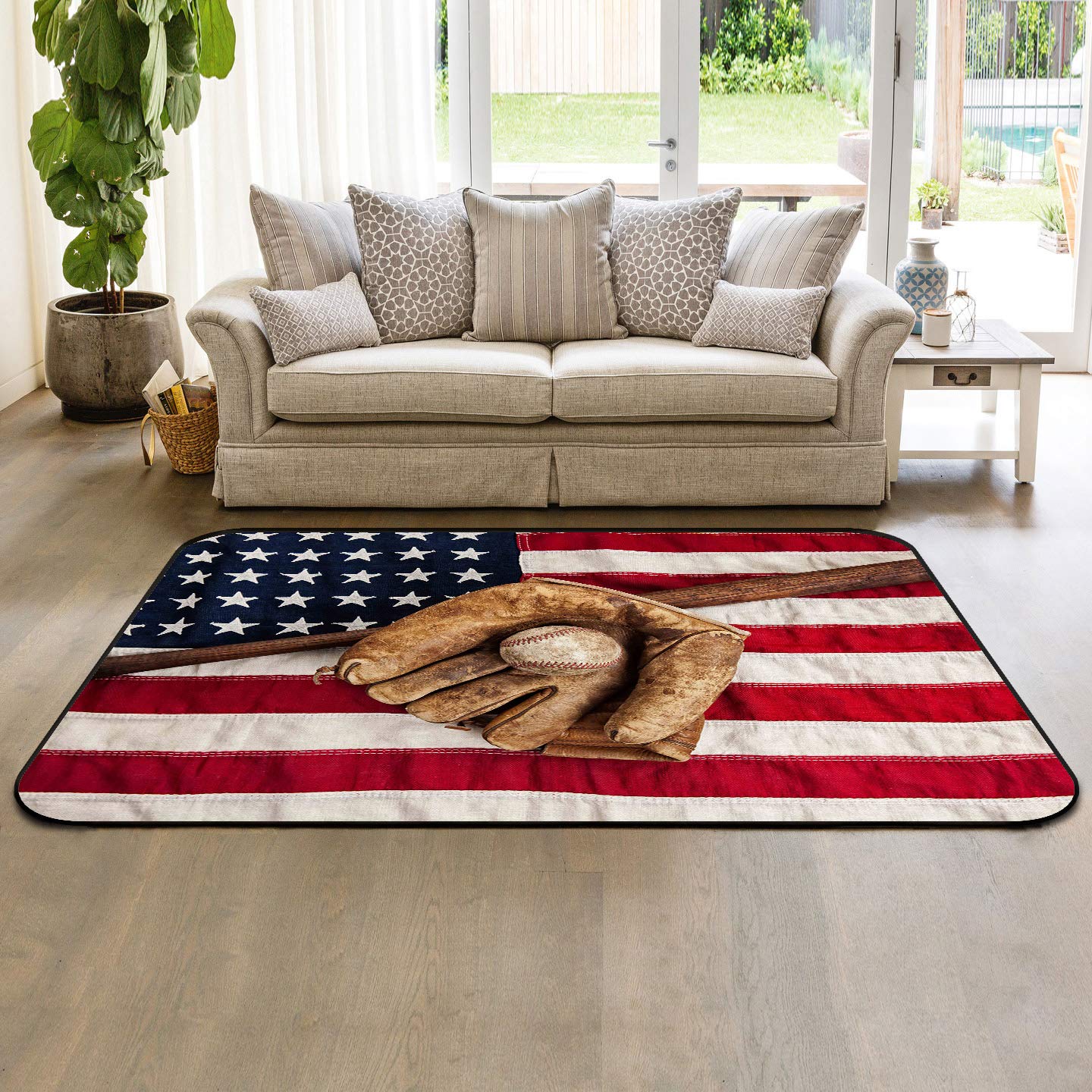 5' x 8' Modern Vintage Baseball League Area Rug with USA Flag - Kids Nursery Carpet, Soft Throw Rug for Living Room & Bedroom | Indoor Outdoor Floor Mat for Sports Theme Decor