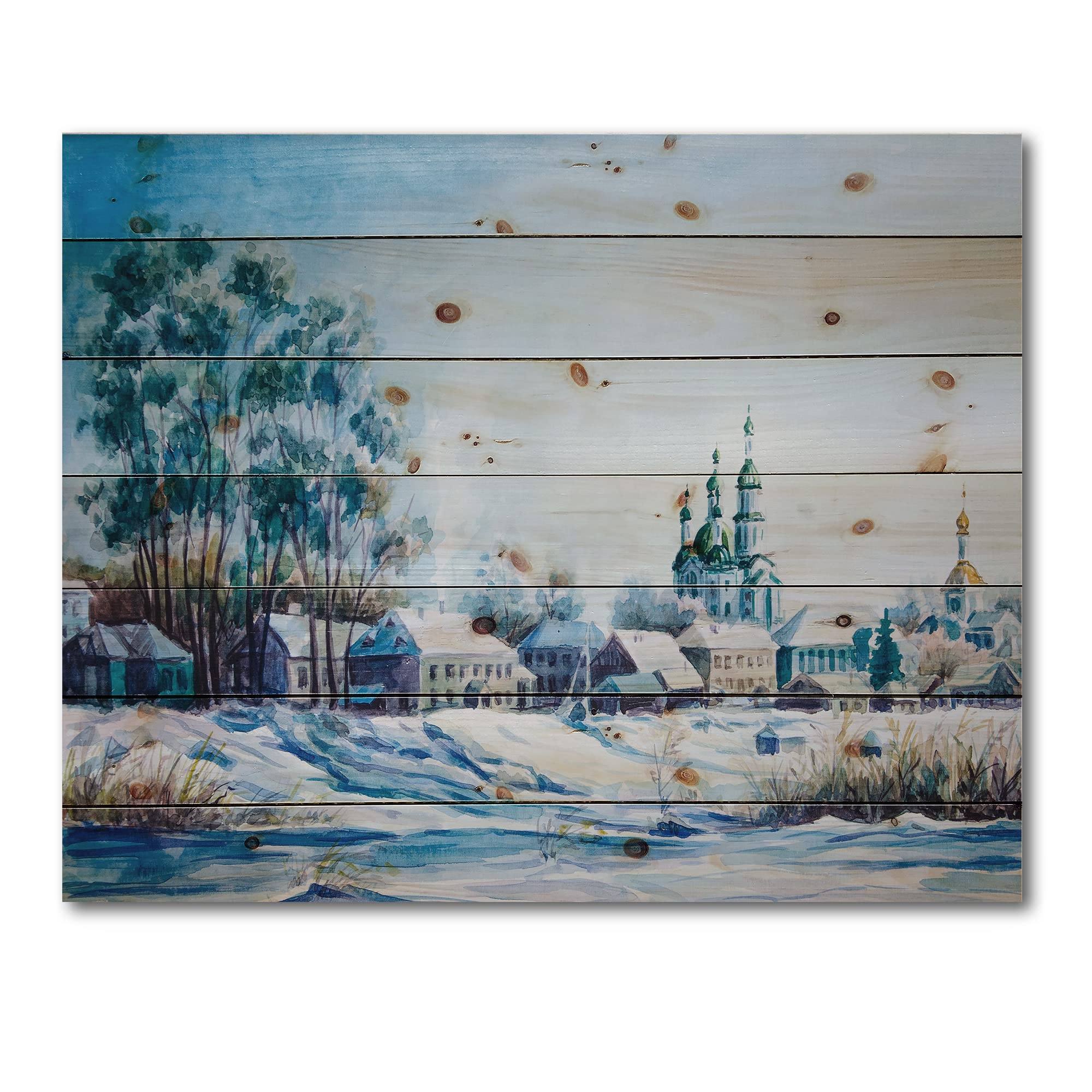 DesignQ Winter Small Town Traditional Wood Wall Decor - Blue Landscape Wood Wall Art Panel, Large Pine Wood Wall Hanging for Living Room, Bedroom & Office Decor