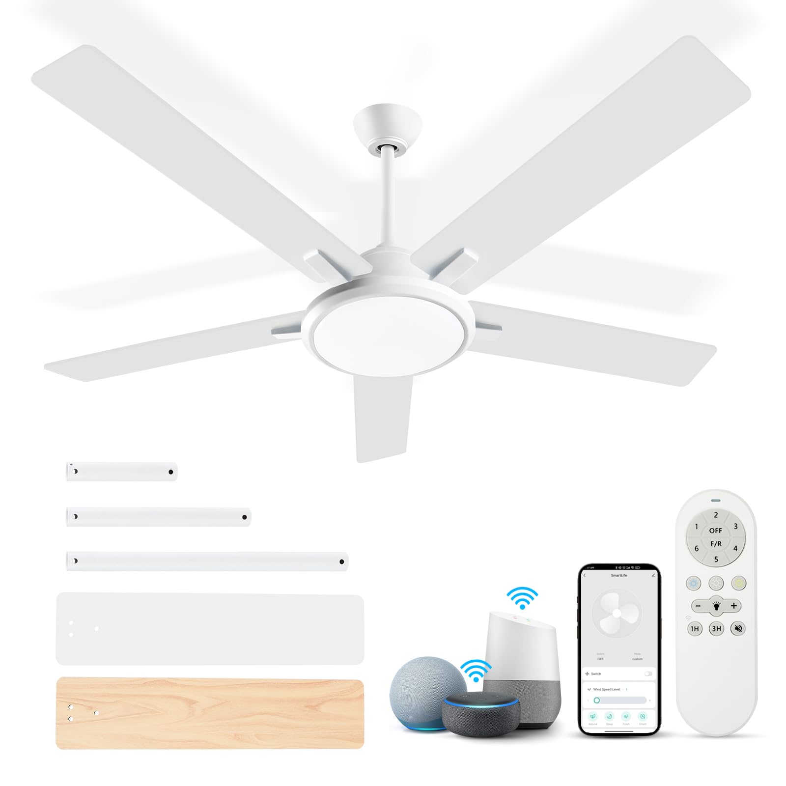 OUTON 52 Inch Modern Ceiling Fan with LED Light and Remote Control - 5 Dual Finish Blades, Dimmable 3 Color Temperature - Indoor Outdoor Use for Bedroom, Living Room, Patio - White - Perfect for Home Cooling and Stylish Lighting
