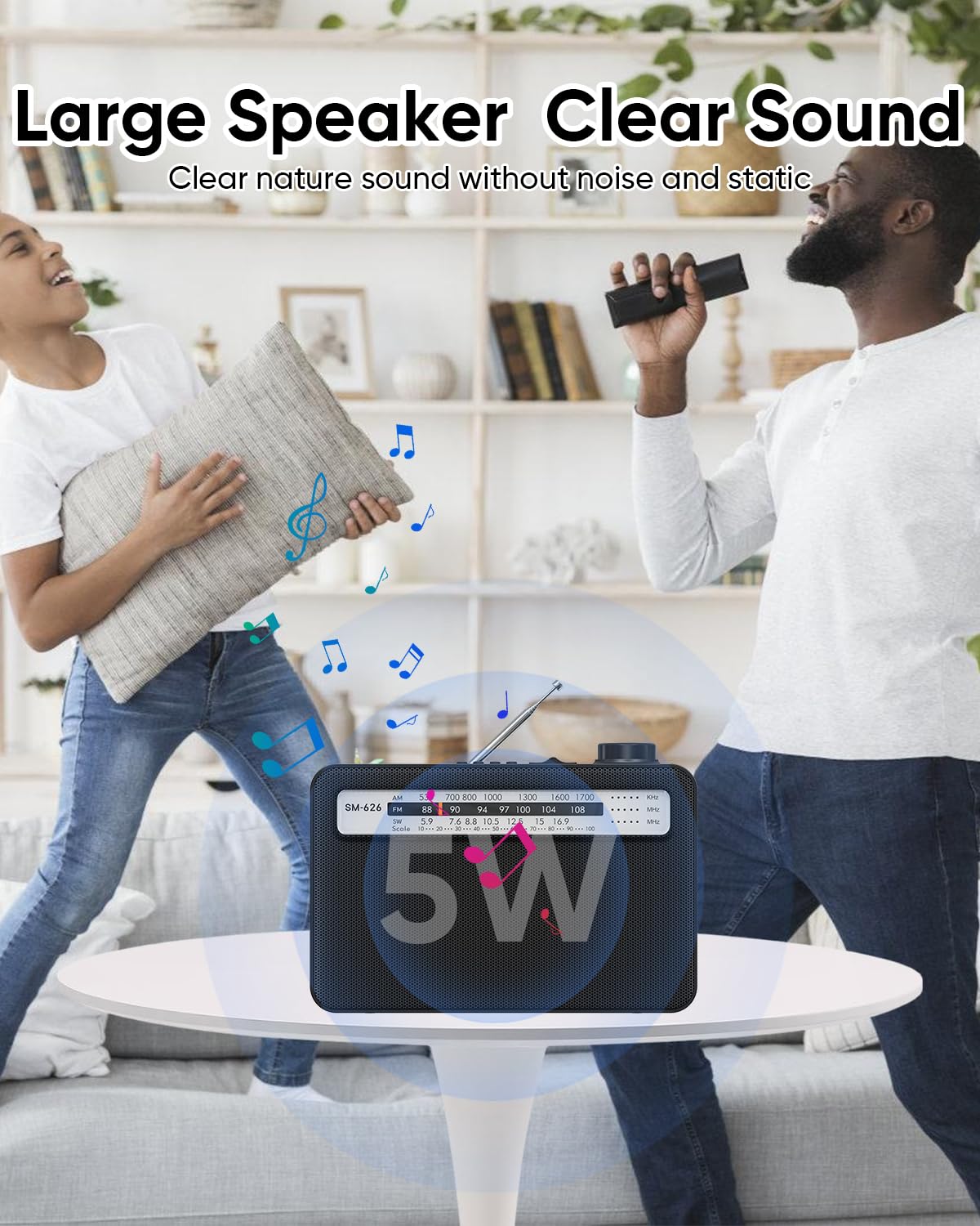 Portable AM FM Radio with Bluetooth Speaker - Rechargeable via AC/USB-C or D Batteries, 5W Output, 3.5mm Headphone Jack, TF Card/USB Playback - Perfect for Camping, Emergencies & Home Use