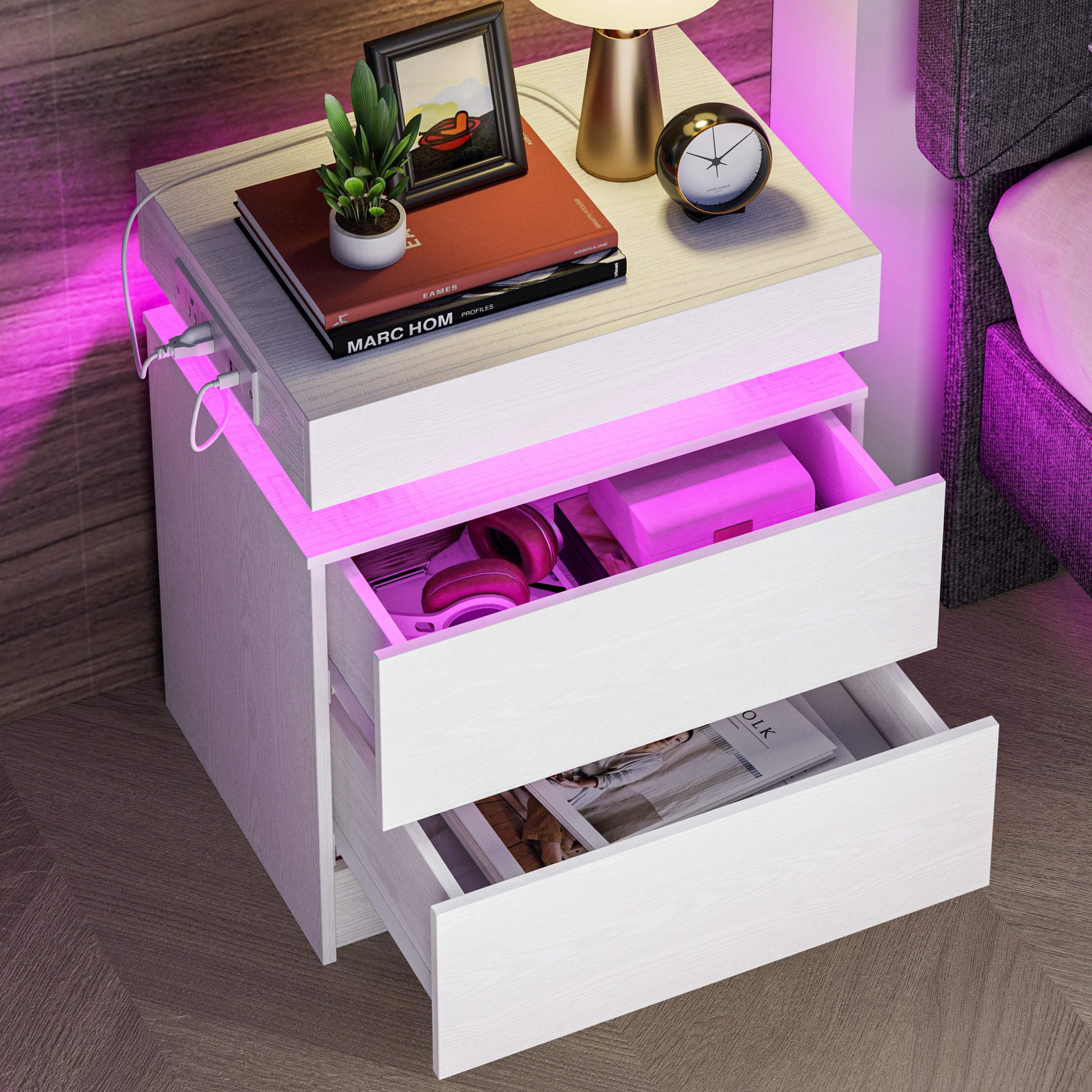 Modern White Nightstand with LED Light & USB Charging Station - 3 Drawers Bedside Table for Bedroom, Living Room | Compact End Table with Soft Glow Lighting for Phones, Books & Bedroom Essentials