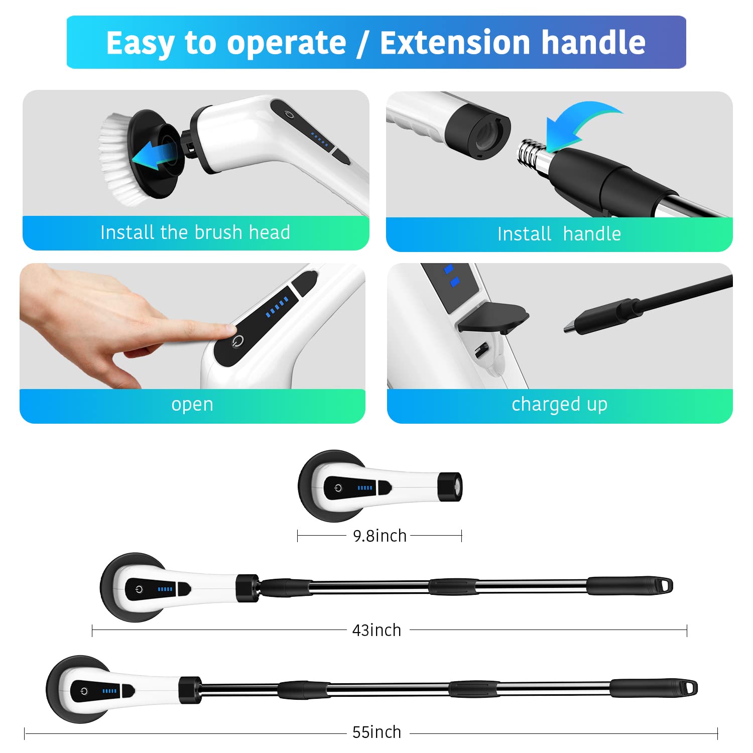Electric Spin Scrubber - Upgraded Bathroom Cleaning Brush with 7 Replaceable Heads & Extendable Handle | Powerful Deep Cleaning for Tiles, Grout, Showers, Sinks, Floors & Car Interiors | Ideal for Home Kitchen Bathroom & Auto Detailing