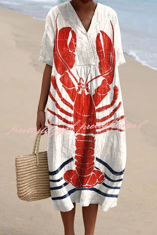 Stylish Marine Print V-Neck Short Sleeve Midi Dress for Women | Beach Vacation, Summer Outfits, Casual Wear
