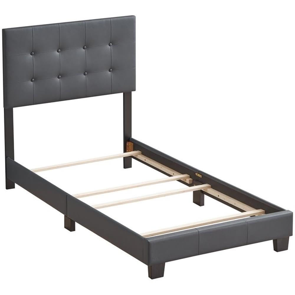 Glory Furniture Caldwell Faux Leather Panel Twin Bed Frame - Gray Upholstered Headboard for Small Space & Guest Room