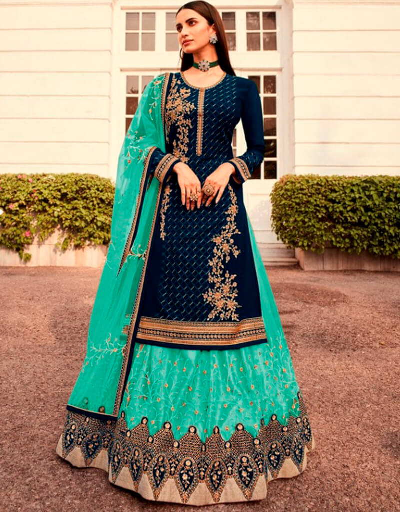 Blue Chudidar Style Suit - Semi Stitched Indian Ethnic Wear for Women | Perfect for Weddings, Festivals & Special Occasions