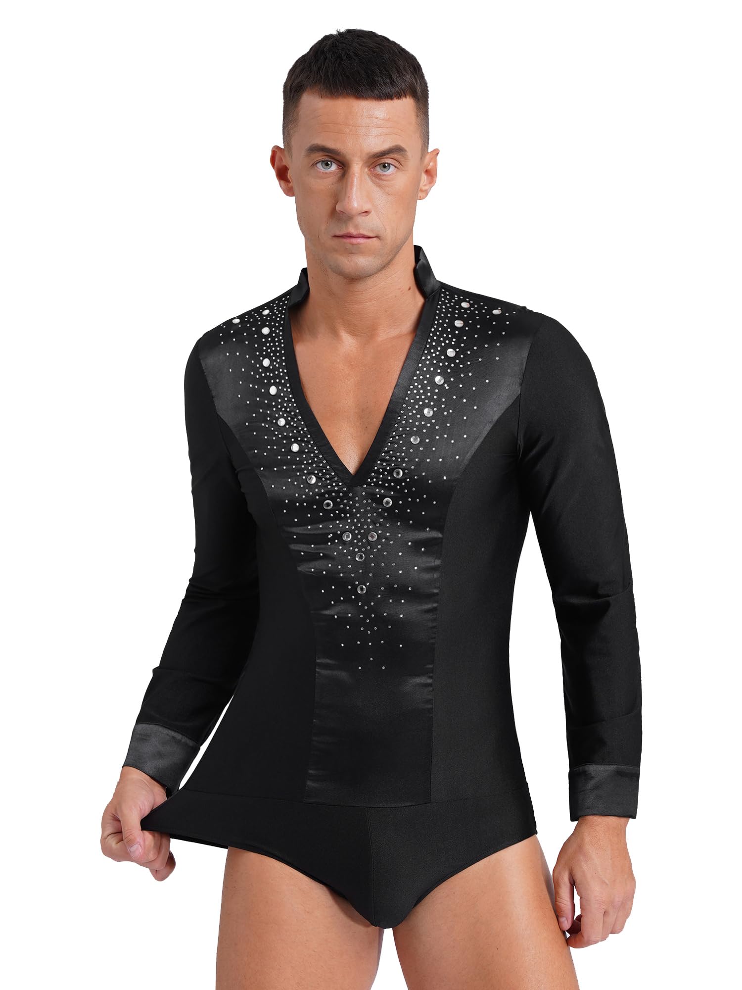 Sparkling Rhinestone Men's Figure Skating Dance Shirt - Long Sleeve Ballroom Samba Latin Dance Top Leotard for Performance & Competition