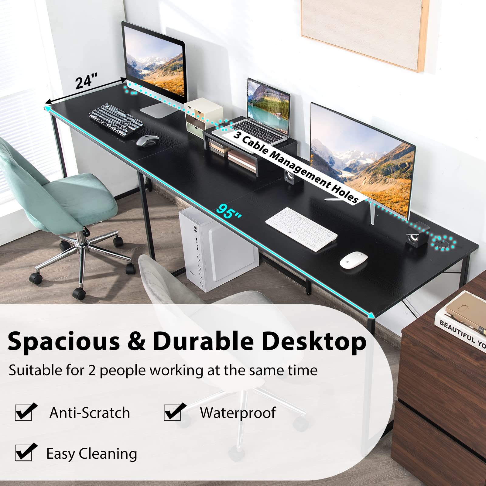Tangkula L-Shaped Computer Desk with Monitor Stand - Reversible Corner Study Writing Desk for Home Office, 3 Cable Holes, Spacious 2-Person Workstation, Ergonomic Laptop Desk (Black) - Perfect for Small Spaces, Gaming Setup & Remote Work