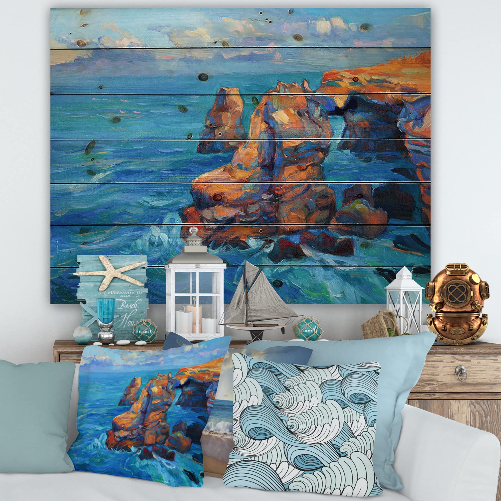Cliffs By The Blue Ocean Nautical Coastal Wood Wall Art - Large Beach Wood Wall Panels Printed on Natural Pine - Perfect for Coastal Living Rooms, Beach House Decor & Ocean-Themed Bedrooms