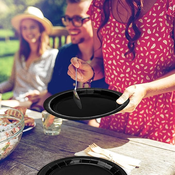 PRETTY UR PARTY 9 Inch Black Biodegradable Paper Plates - Pack of 20 | Eco-Friendly Disposable Round Party Plates for Cakes, Desserts, Snacks & Fruits | Perfect for Birthday Parties, Picnics & Family Gatherings