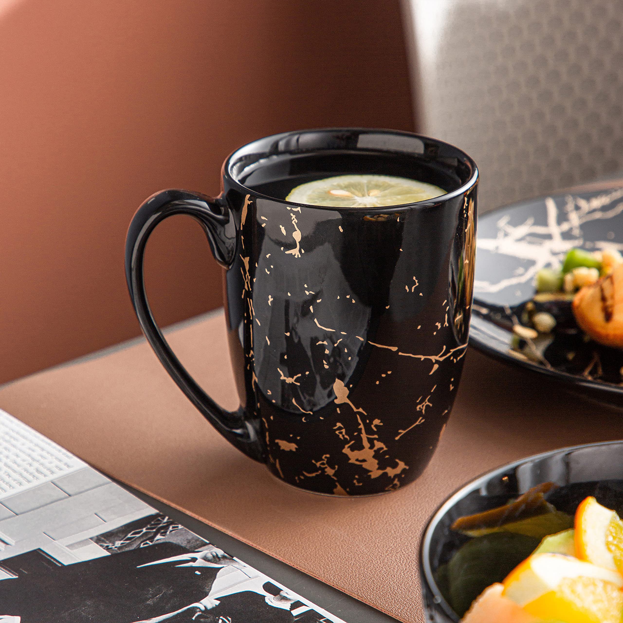 16-Piece Black and Gold Porcelain Dinnerware Set for 4 - Round Plates, Bowls & Mugs - Dishwasher & Microwave Safe - Elegant Table Setting for Family Dinners, Parties & Restaurant Use - by LOVECASA