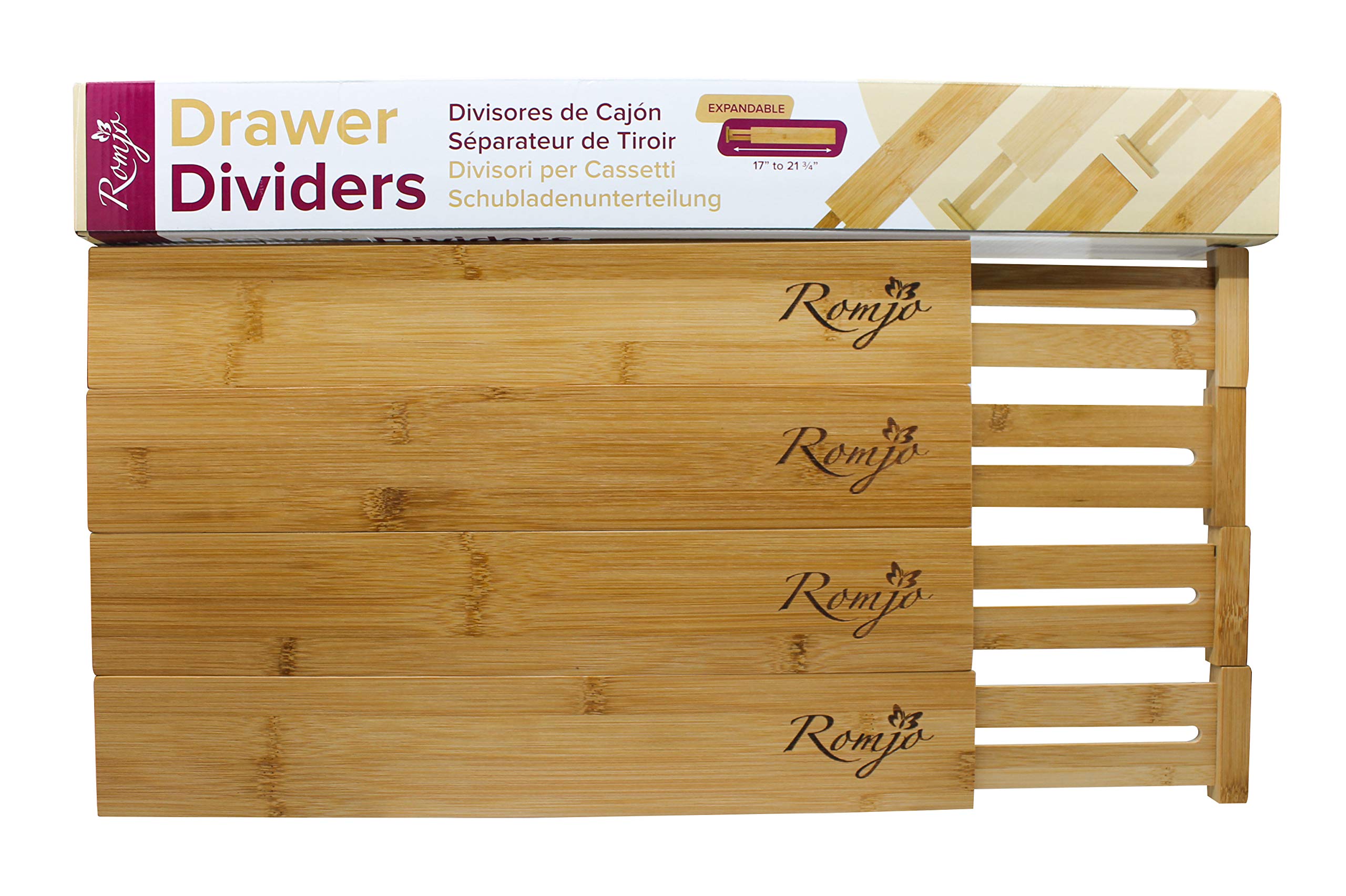 Adjustable Bamboo Drawer Organizers - Set of 4 for Kitchen Utensils (17-21.75