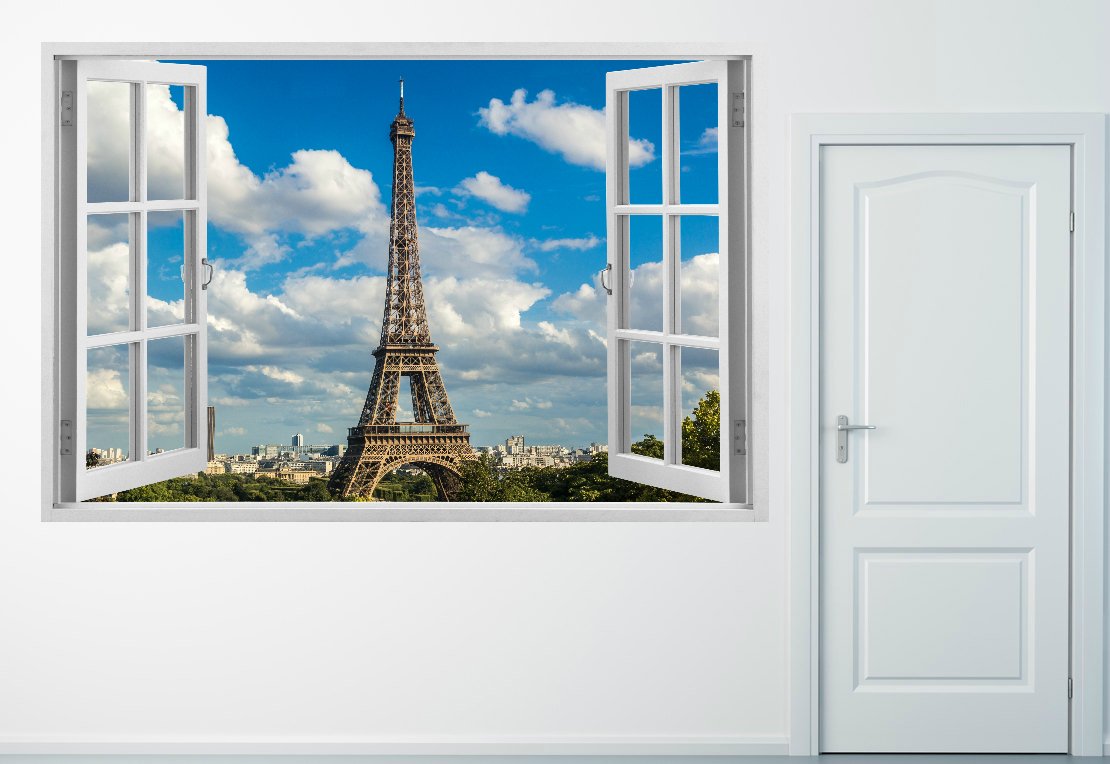 3D Removable Vinyl Wall Stickers - White Window Frame Design with Paris Eiffel Tower & Cityscapes - Peel & Stick Wall Decals for Living Room, Bedroom, Nursery - Durable Home Decor Wallpaper