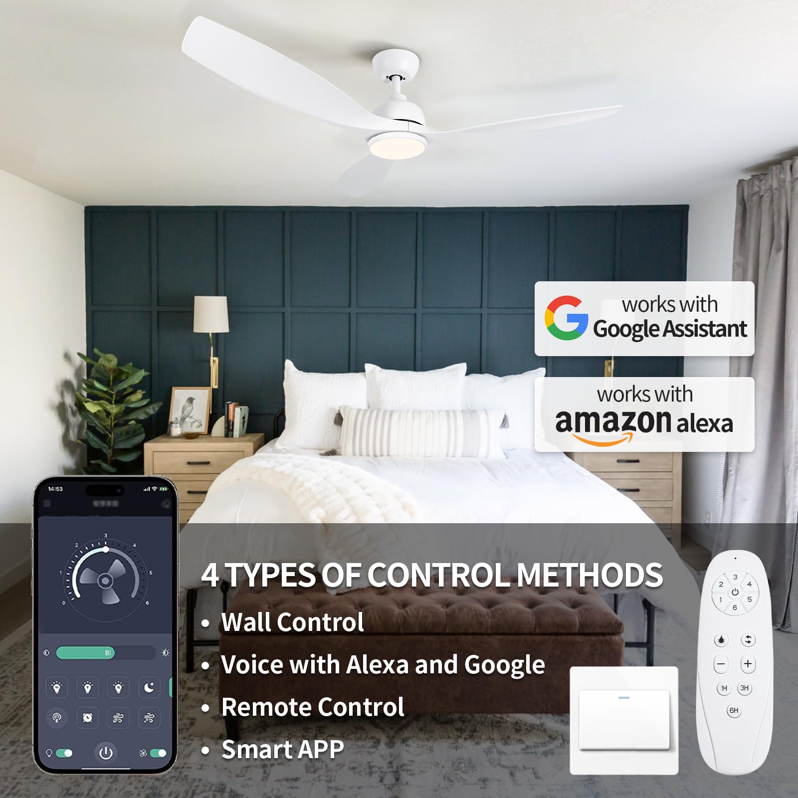 52 Inch Modern White Ceiling Fan with Lights - Remote & APP Control, Dimmable 3-Color Temperature, 2 Rods - Perfect for Living Room, Bedroom, Patio Indoor/Outdoor Use