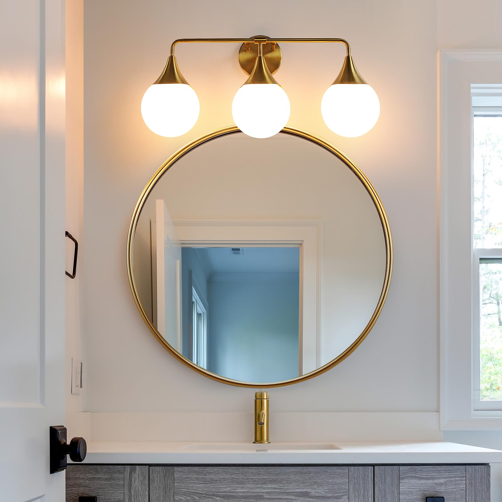 Mid Century Modern Bathroom Vanity Light Fixtures - 3-Light Brass Gold Wall Sconce with Milky White Globe Glass for Mirror Lighting | Perfect for Bathroom, Living Room & Bedroom Décor