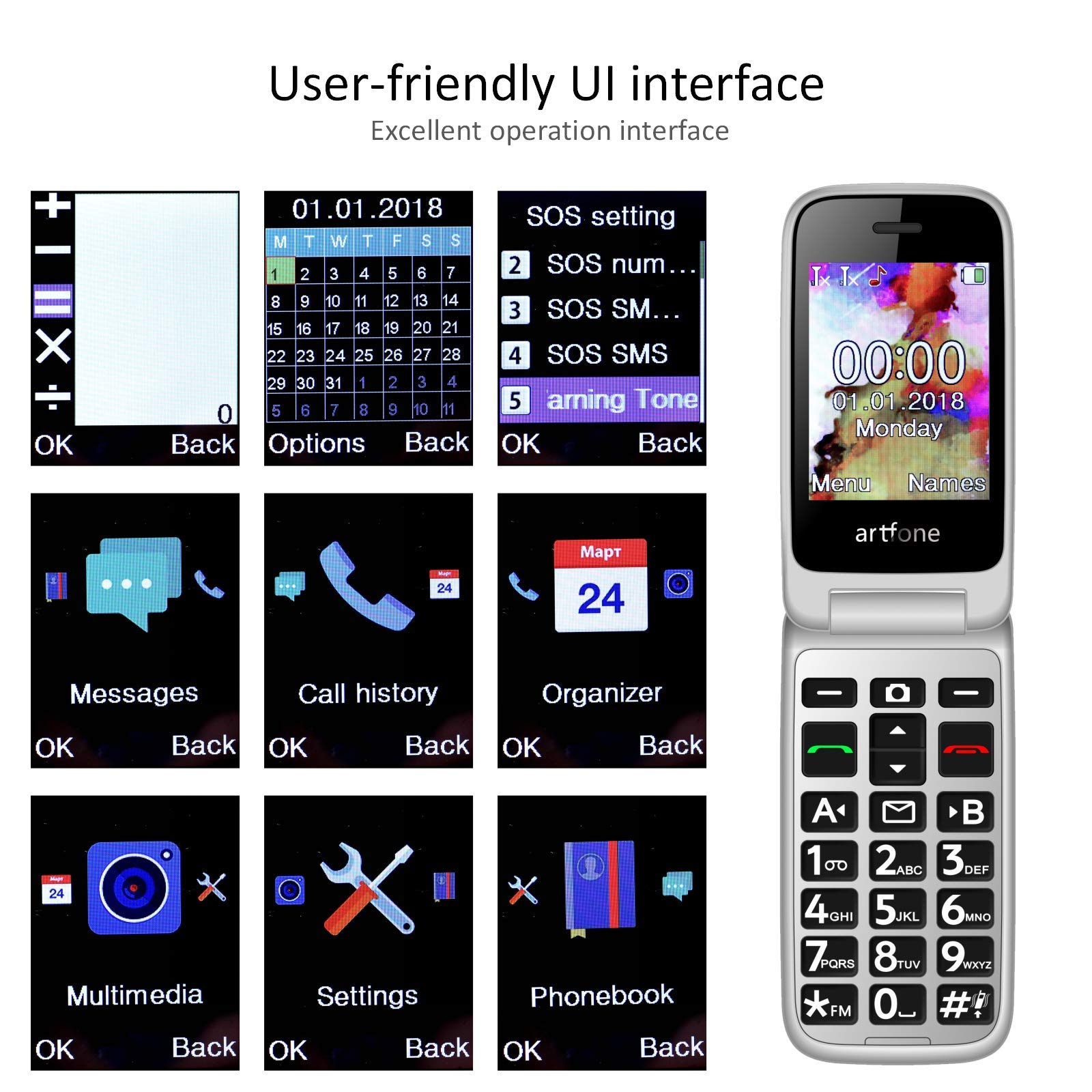 Artfone 4G Volte Unlocked Flip Phone for Seniors - SOS Emergency Button, 2.4