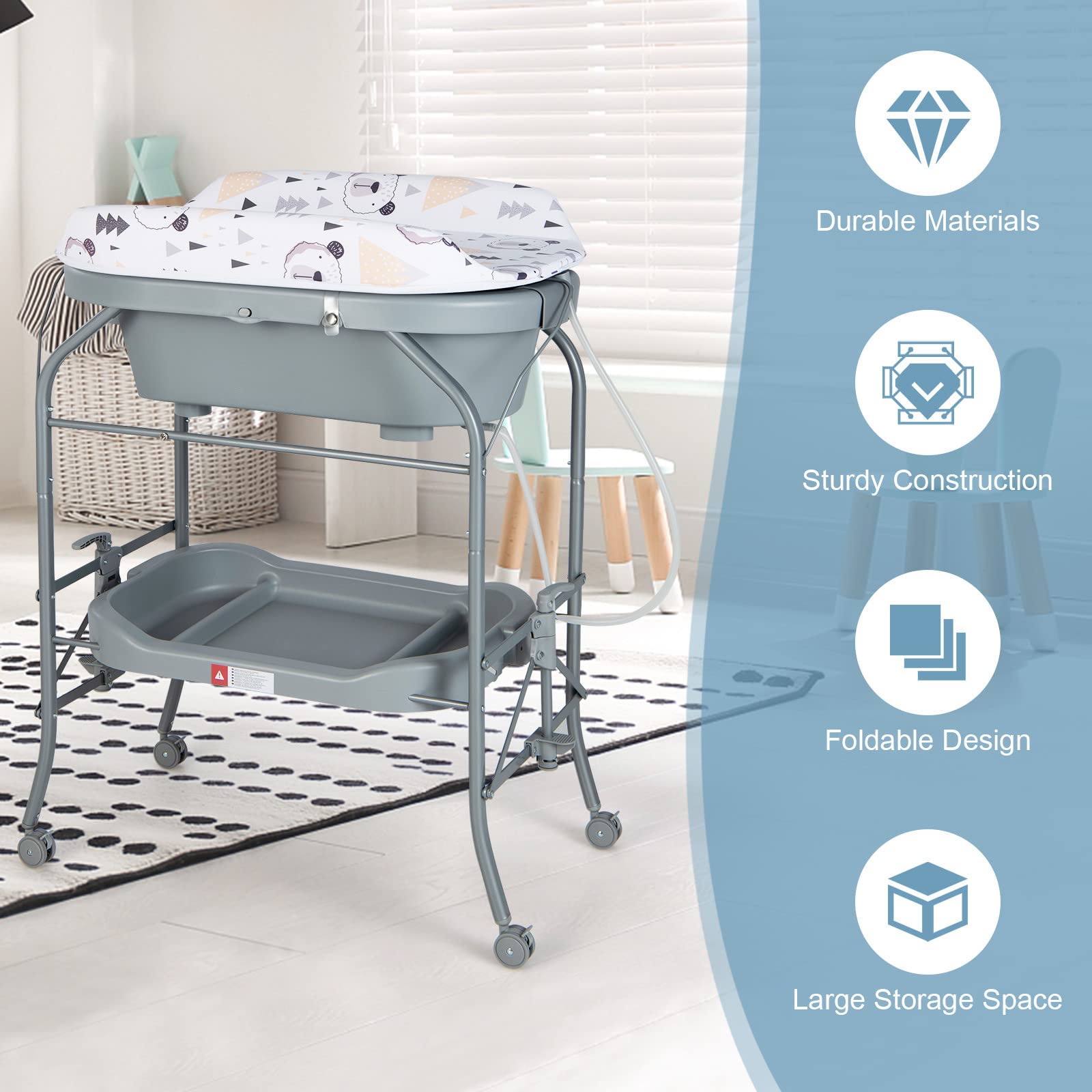 GYMAX Portable Folding Baby Changing Table with Bathtub - Newborn Diaper Changing Station with PVC Pad, Storage Tray & Wheels - Nursery Organizer for Infant Care (Grey) - Perfect for Home Nursery, Daycare & Travel Use