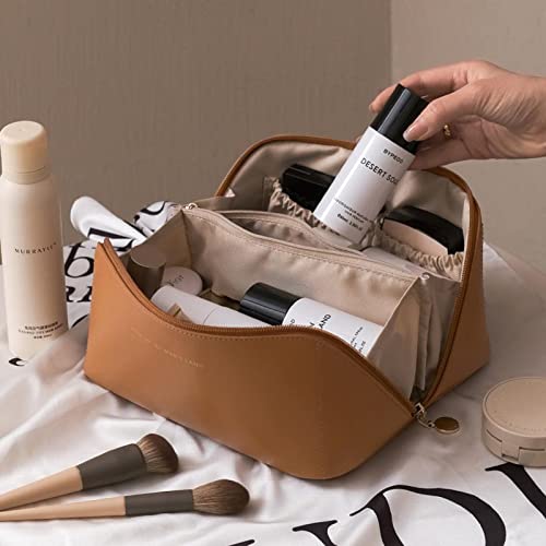 Large-Capacity Waterproof Leather Travel Cosmetic Bag with Compartments - Portable Makeup Organizer for Women | Perfect for Travel, Gym & Daily Use (Brown)