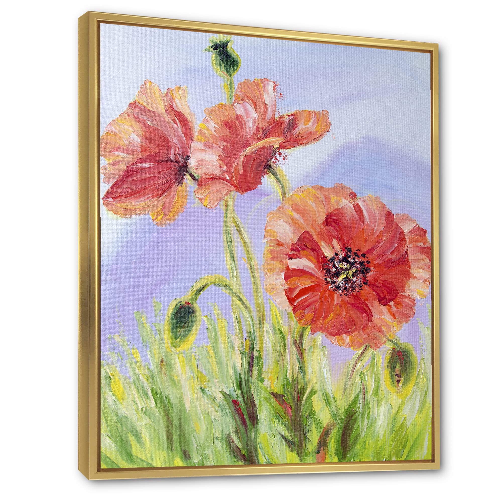 DesignQ Blossoming Poppies In The Morning IV - Traditional Framed Canvas Wall Art Print - Home & Office Decor, Living Room, Bedroom Wall Hanging