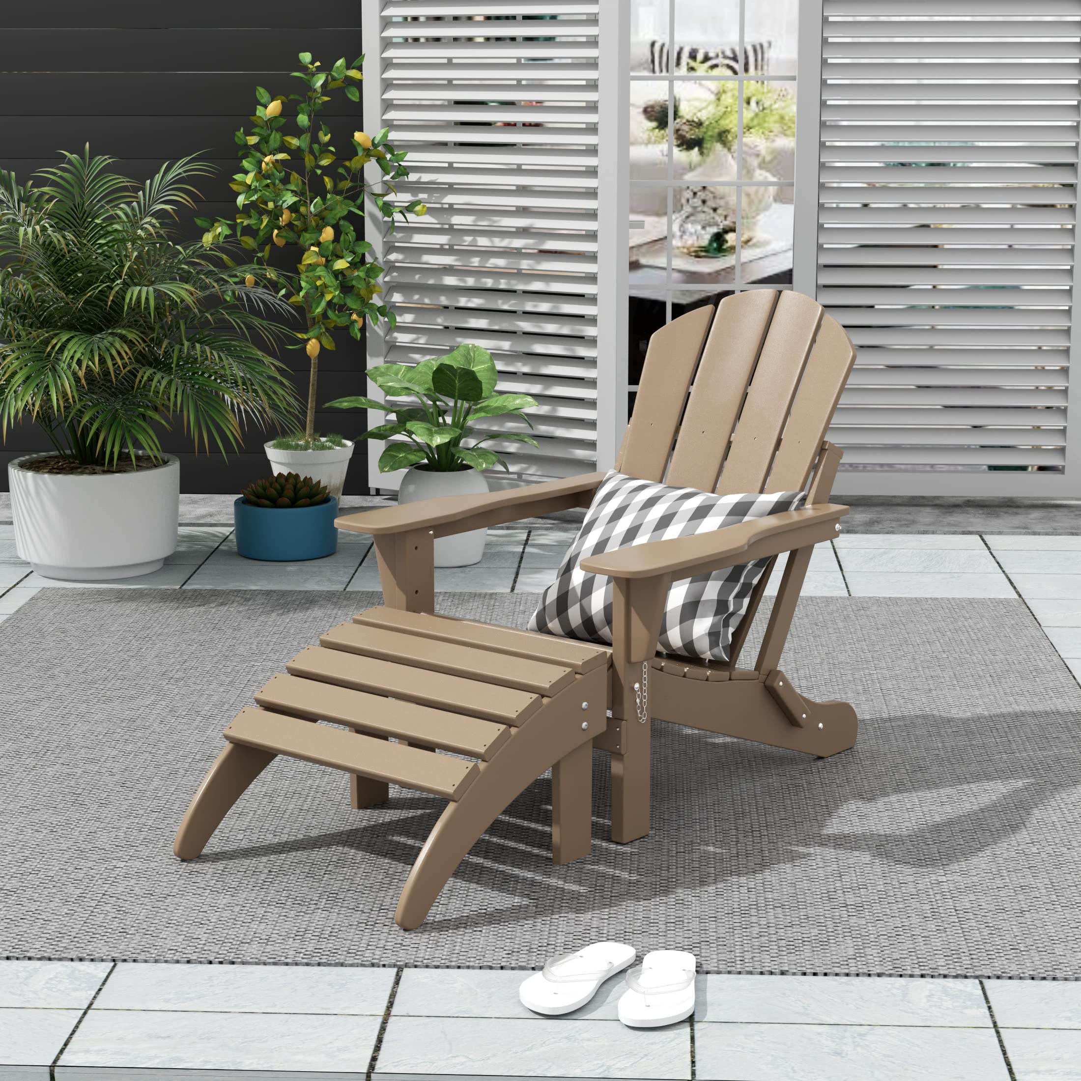 WO Home Furniture 2-Piece Adirondack Chair and Ottoman Set - Classic Outdoor Patio Furniture in Weathered Wood Finish - Perfect for Backyard, Garden, Deck and Poolside Relaxation