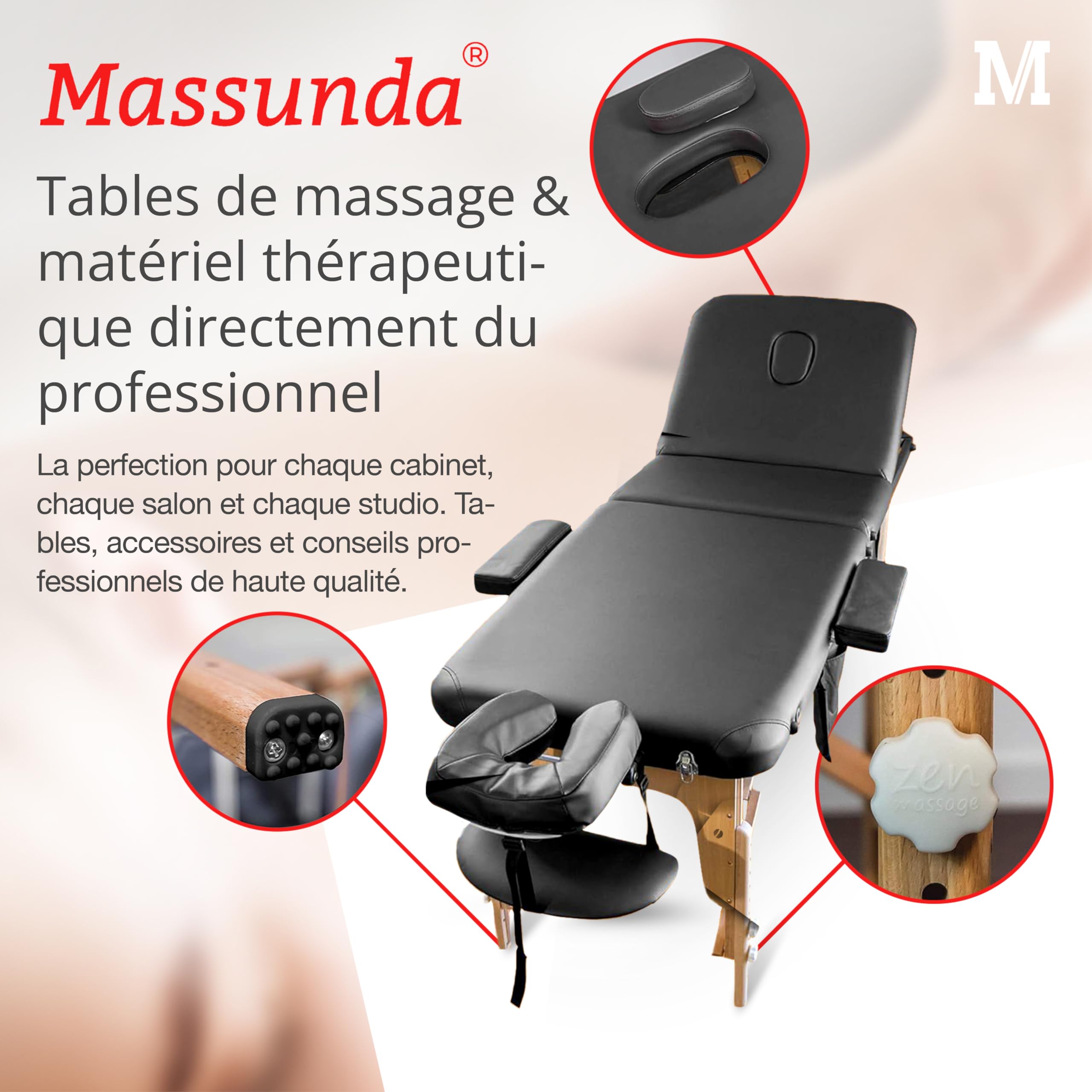 MASSUNDA All INKL Adjustable Height Folding Massage Chaise – Solid Wood Mobile Massage Table with Sponge Cover, Armrests, Backrest & Ergonomic Headrest (Black) – Perfect for Home, Spa & Professional Massage Therapy