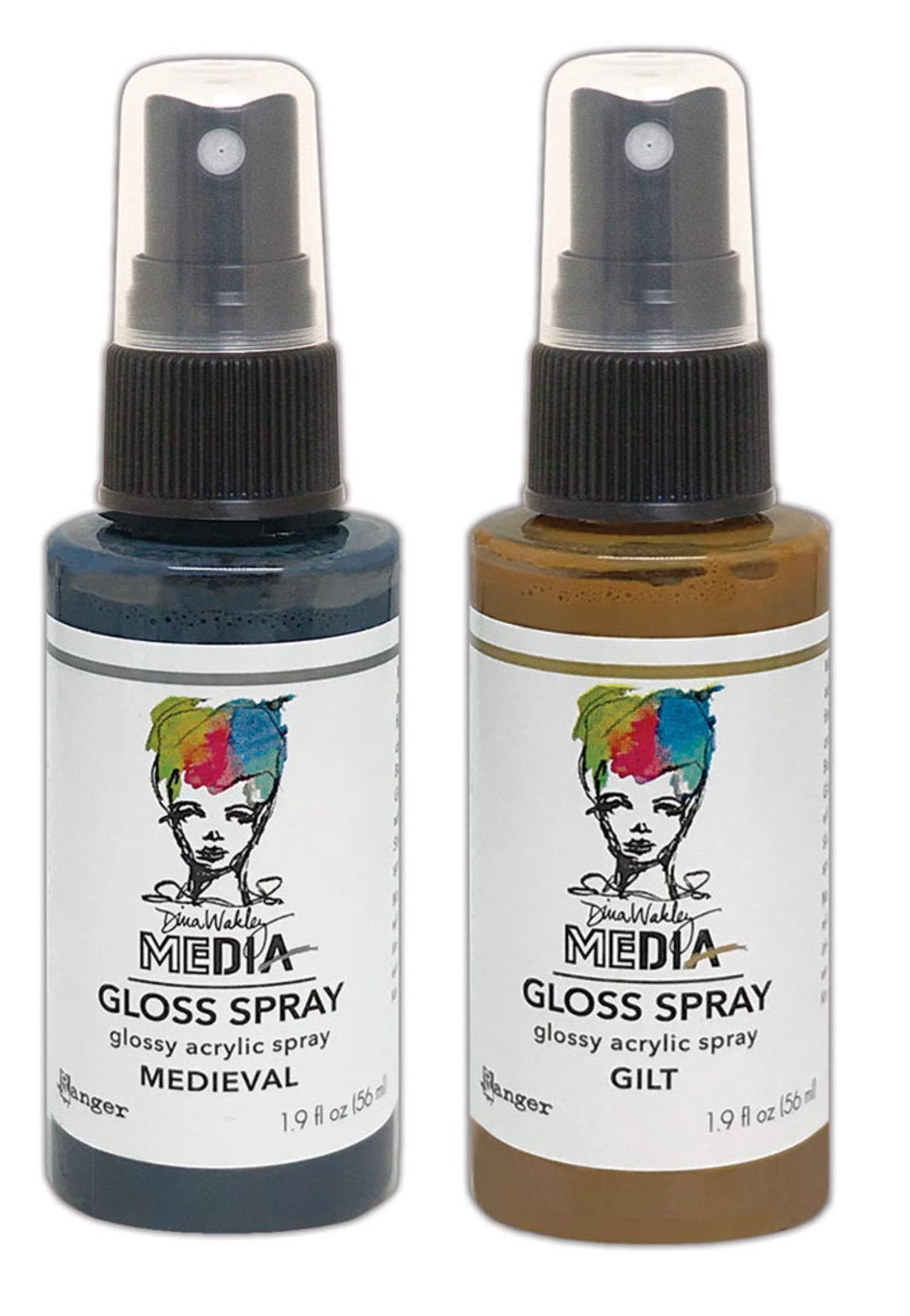 Dina Wakley Media Gloss Sprays - 2 Metallic Colors (Gilt & Medieval) - High Shine Acrylic Paint Spray for Mixed Media Art, DIY Crafts, and Scrapbooking