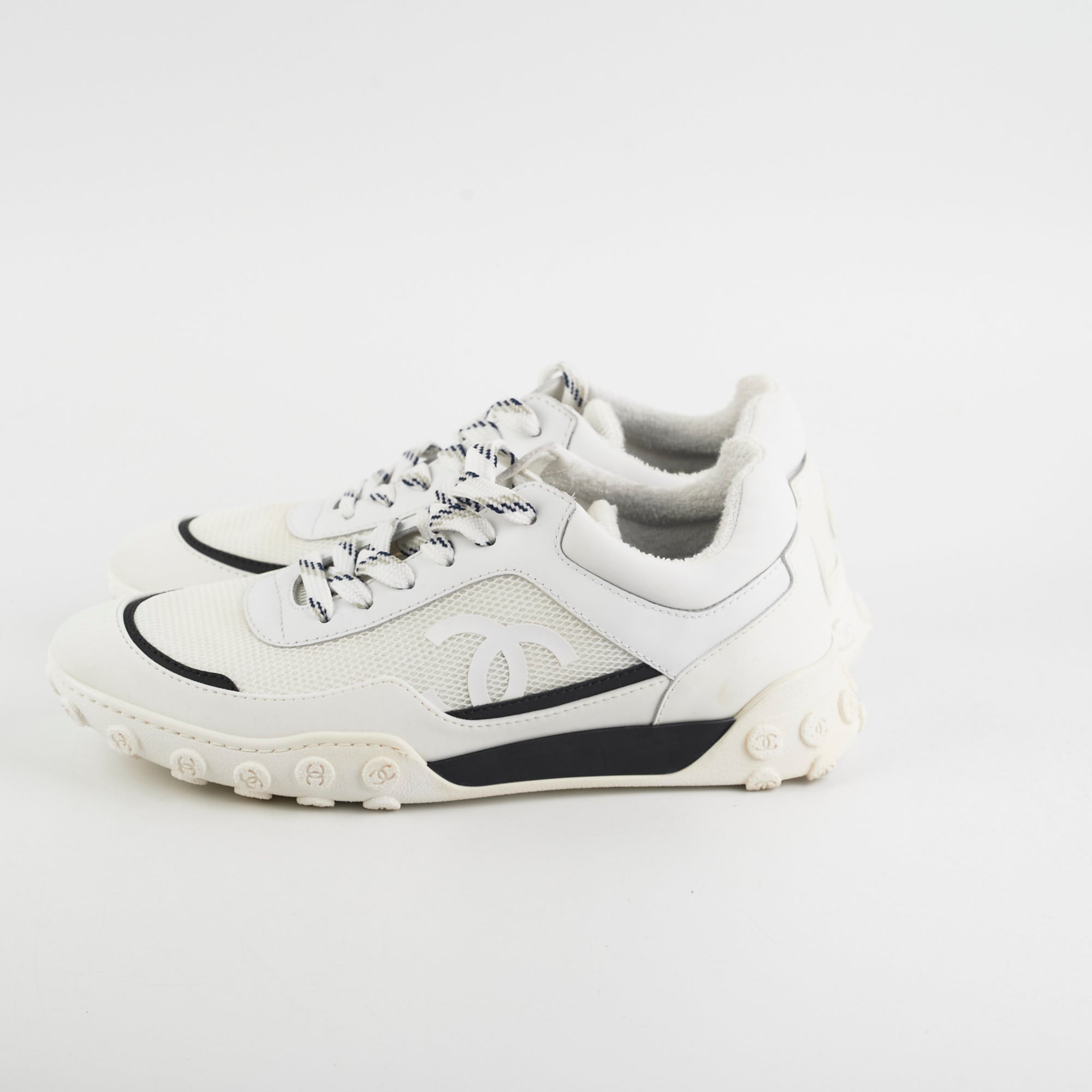 Chanel Women's White Calfskin Mesh Logo Sneakers Size 38 - Fashionable Comfort for Casual Wear & Luxury Street Style