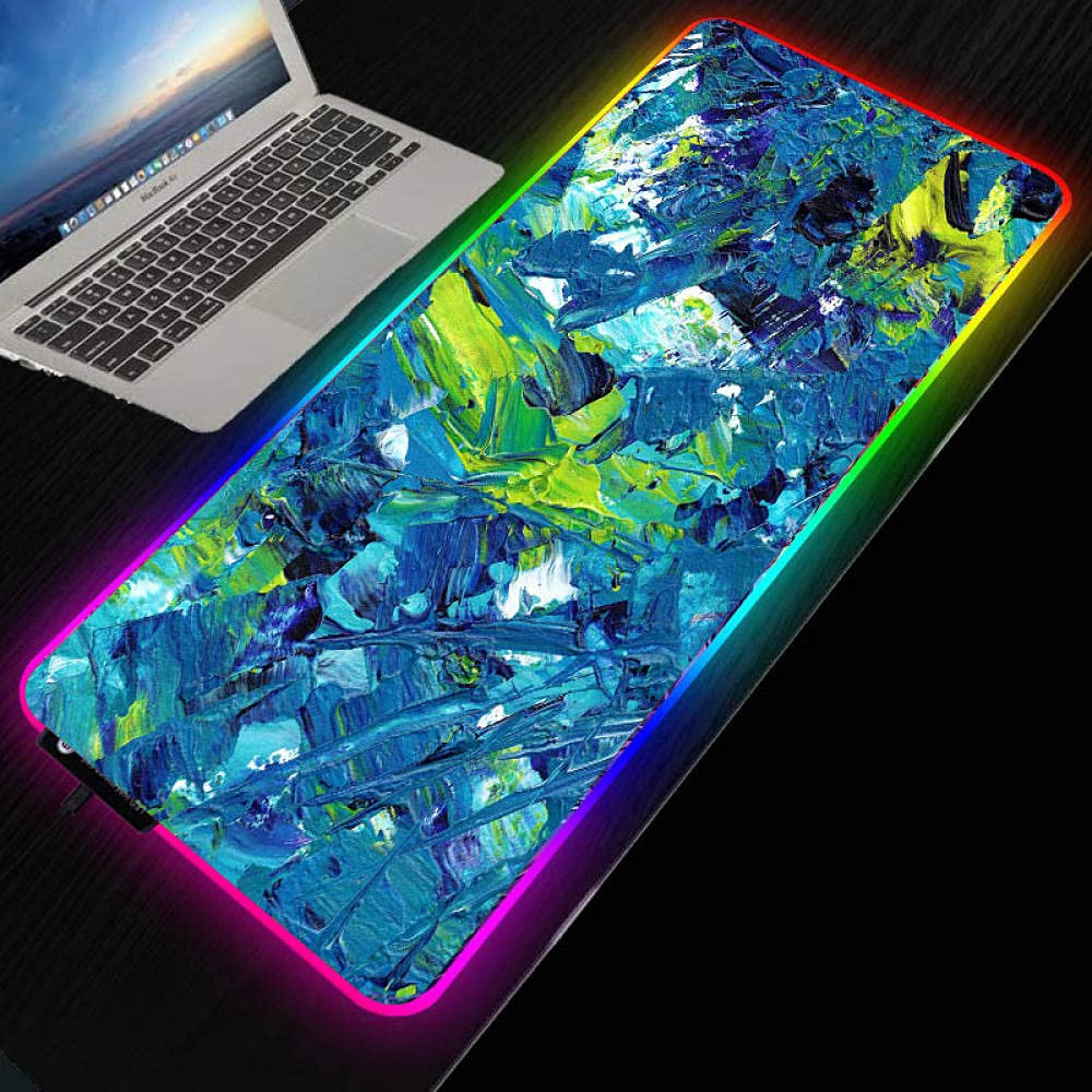 Abstract Oil Painting RGB Gaming Mouse Pad - Large LED Glowing Extended USB Mouse Mat (27.6x11.8 Inch) for PC & Laptop - Blue Green Color | Perfect for Gaming Setup, Office Work & Home Decor