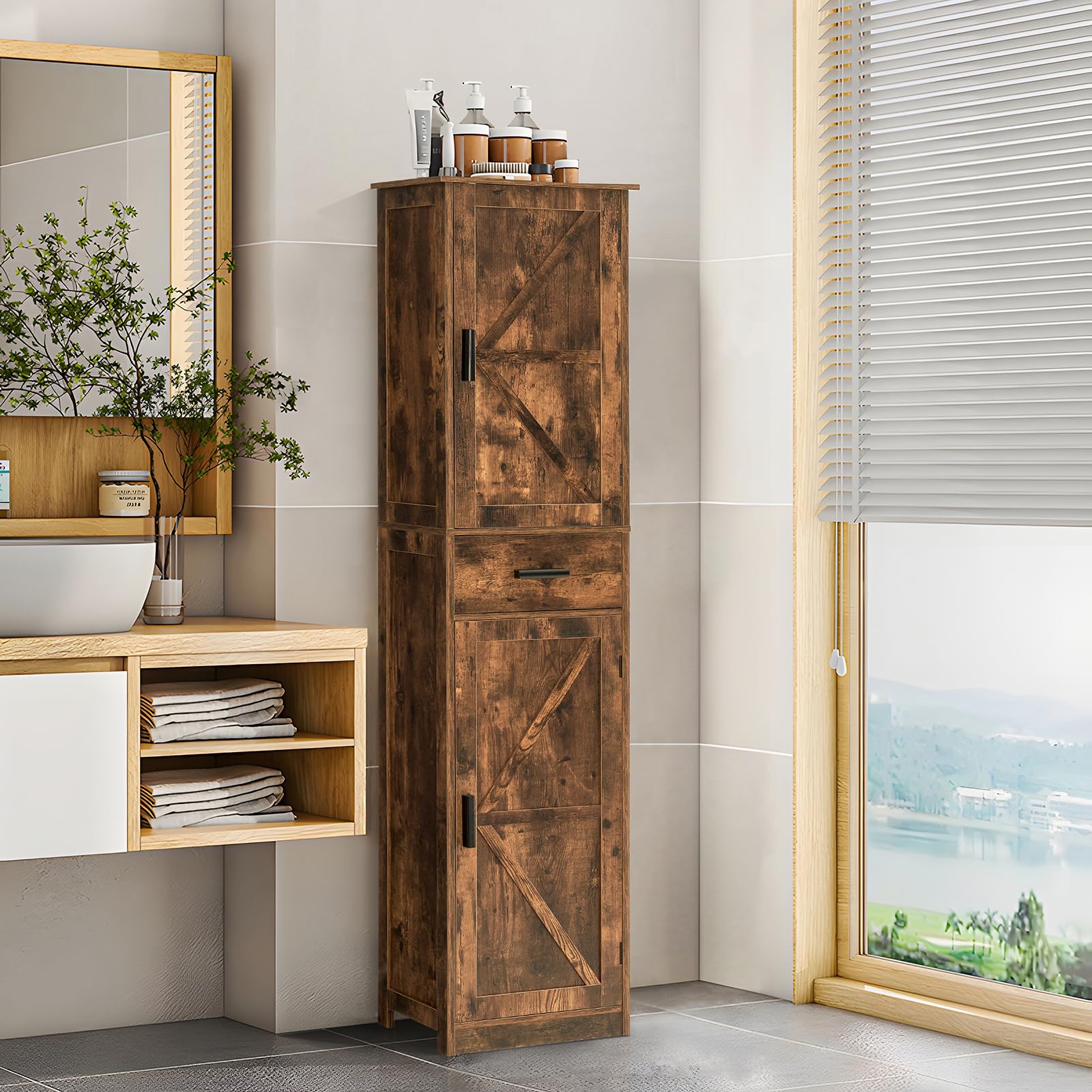 WEENFON 6-Shelf Tall Storage Cabinet with Drawer, Adjustable Shelves Narrow Bathroom Cabinet - Rustic Brown Organizer for Living Room, Home Office, Bedroom & Bathroom Storage Solutions