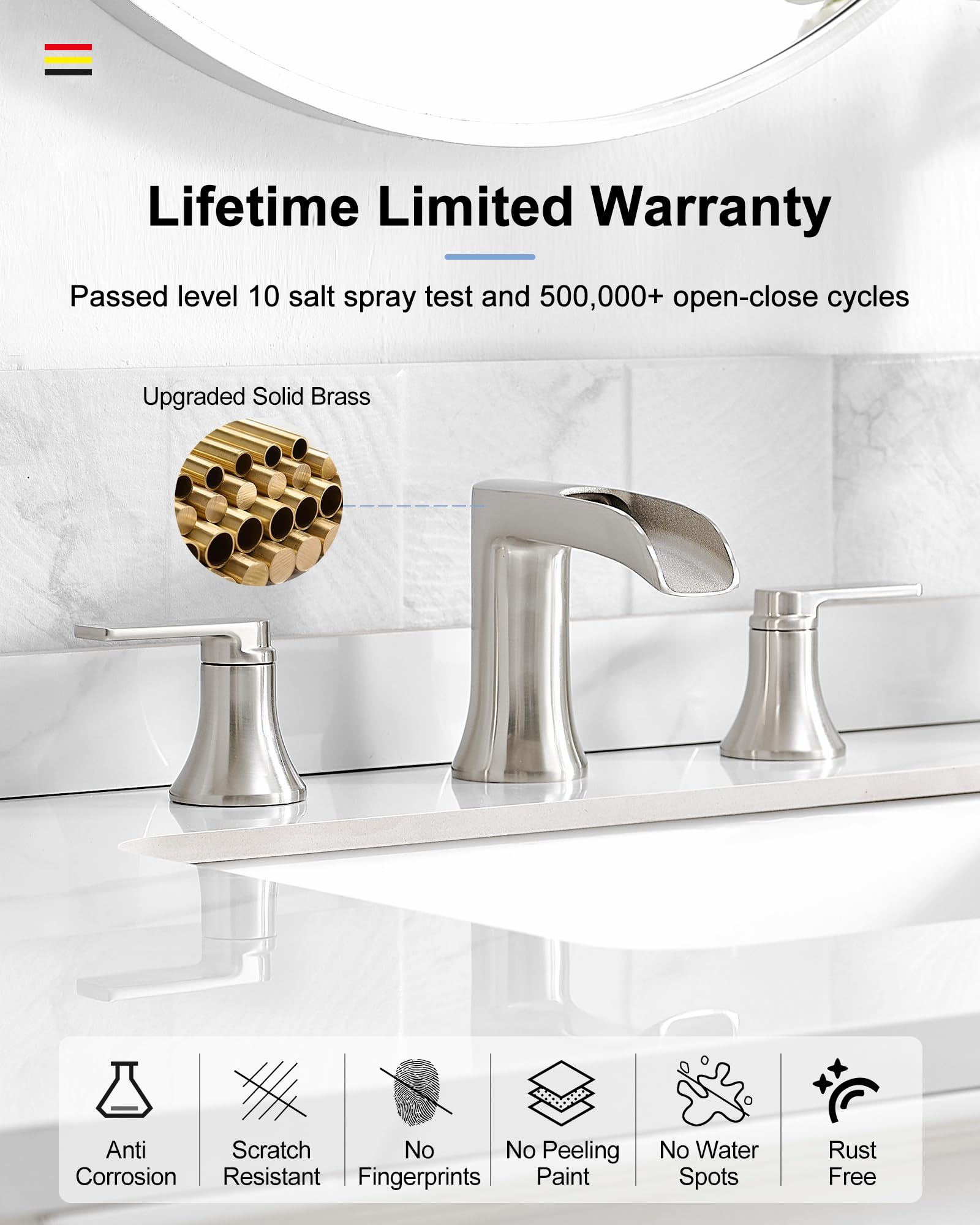 Brushed Nickel Widespread Bathroom Faucet - 8 Inch 2-Handle Waterfall Sink Faucet for Vanity, Solid Brass 3-Hole Mount with Pop-Up Drain - Perfect for Modern Bathroom, Lavatory & Restroom Renovations
