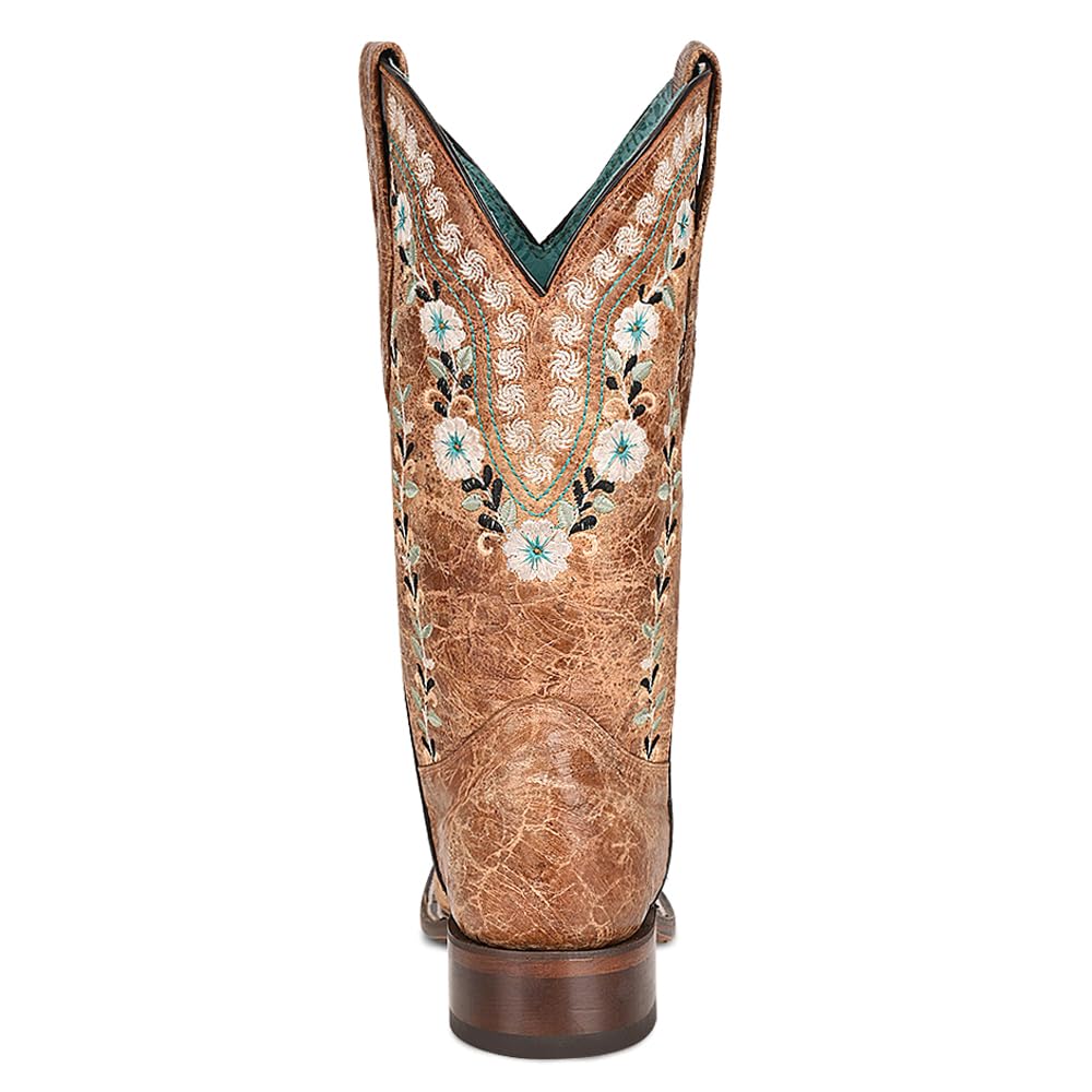 **Women's Distressed Glow-in-the-Dark Floral Embroidered Square Toe Cowboy Boots – Mid Calf, Low Heel (1-2