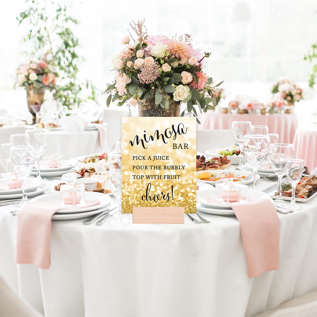 Glitzy Gold Glitter Wedding Party Signs - 8.5x11 Inch DIY Mimosa Bar Sign with 'Pick a Juice, Pour Bubbly Champagne, Top with Fruit' Design - Perfect for Bridal Showers, Receptions & Dessert Tables (1-Pack)