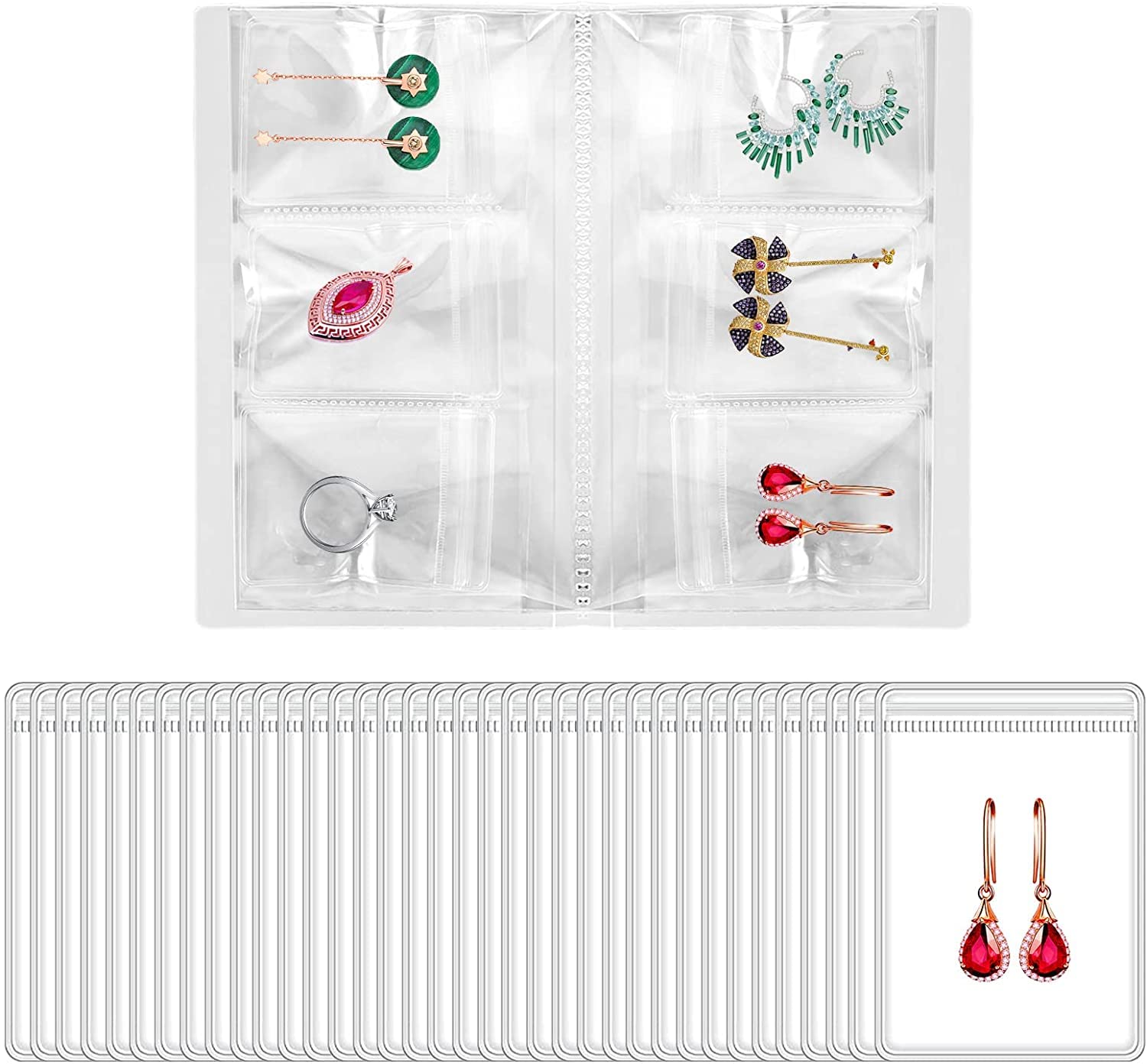 XINBADA Transparent Jewelry Travel Organizer Book - Portable Jewelry Storage Case with 50 Jewelry Bags for Earrings, Rings & Necklaces - Perfect for Travel, Home Organization & Gift Giving