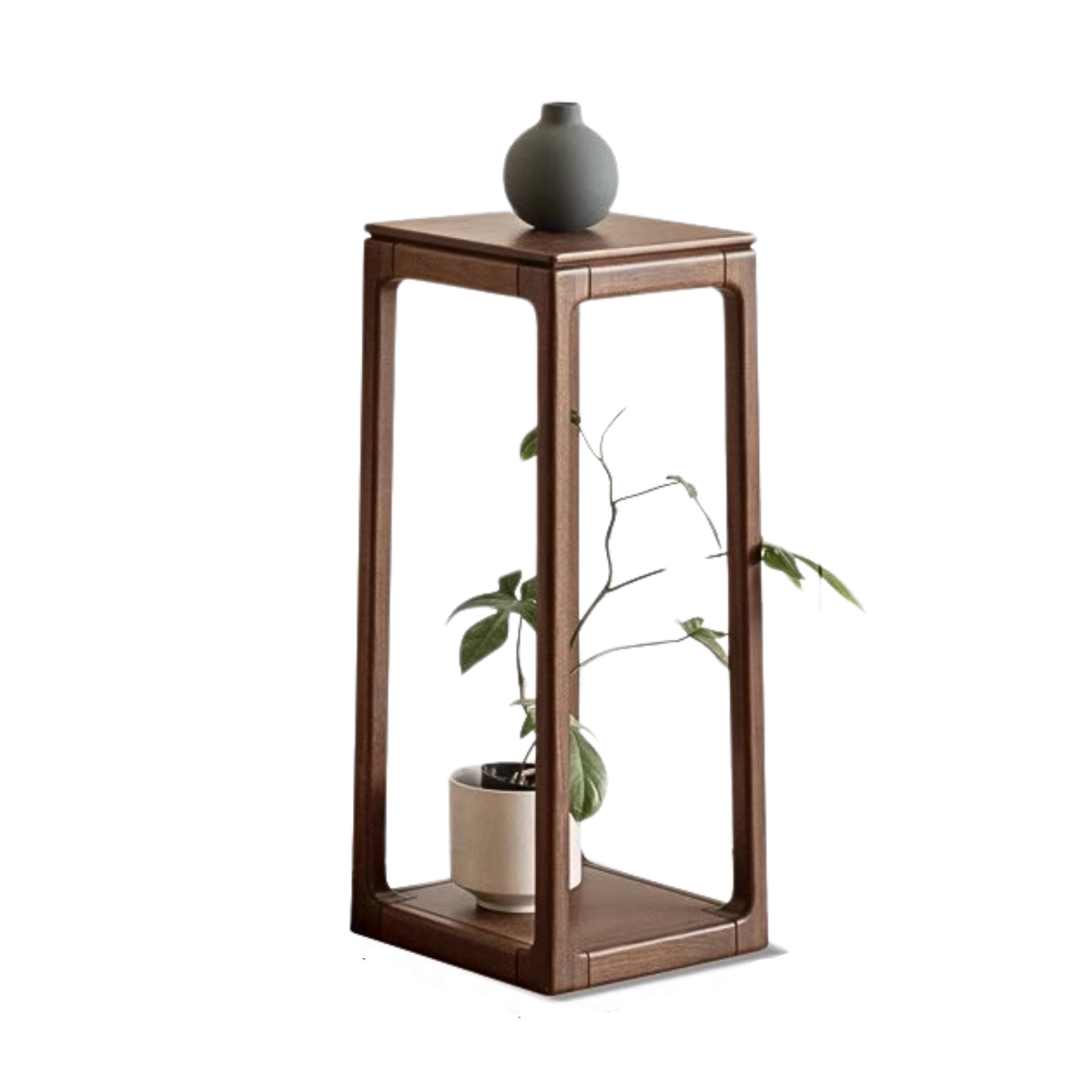 Premium Black Walnut Solid Wood 2-Tier Storage Shelf - Decorative Flower Stand for Living Room, Bedroom & Office Organization