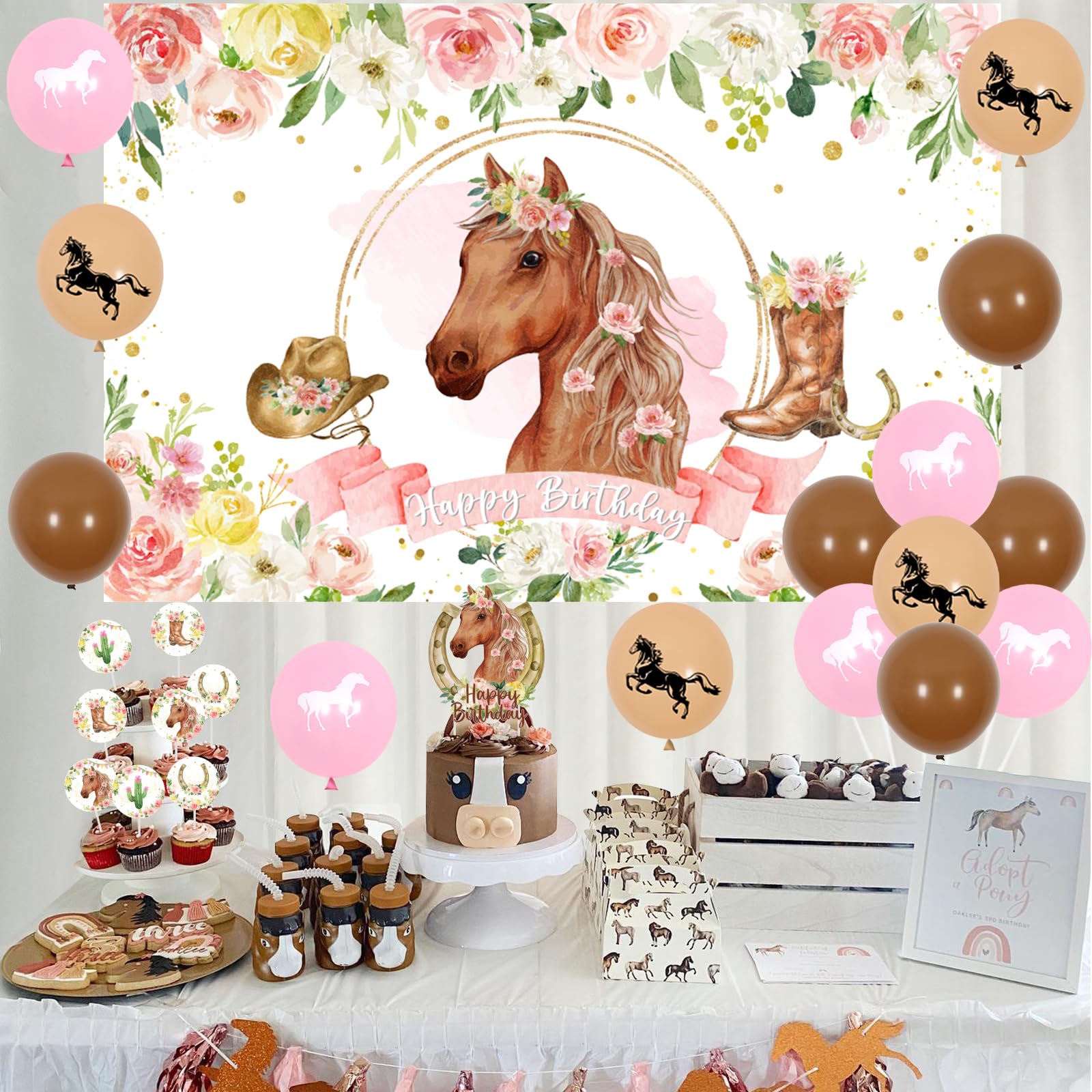 Western Cowgirl Birthday Party Decorations - Horse Theme Backdrop, Cake & Cupcake Toppers, Tablecloth for Girls | Perfect for Western-Themed Birthday Parties, Baby Showers & Cowgirl Celebrations