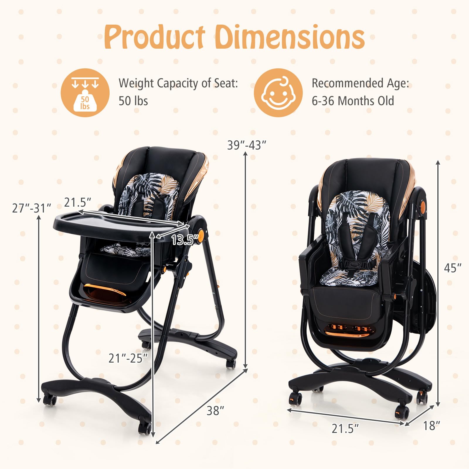 Baby Joy Foldable High Chair with Adjustable Height, Backrest & Footrest - Double Removable Tray & Wheels - Portable Dining Chair for Babies & Toddlers 6-36 Months (Black) - Perfect for Home, Restaurant & Travel Use