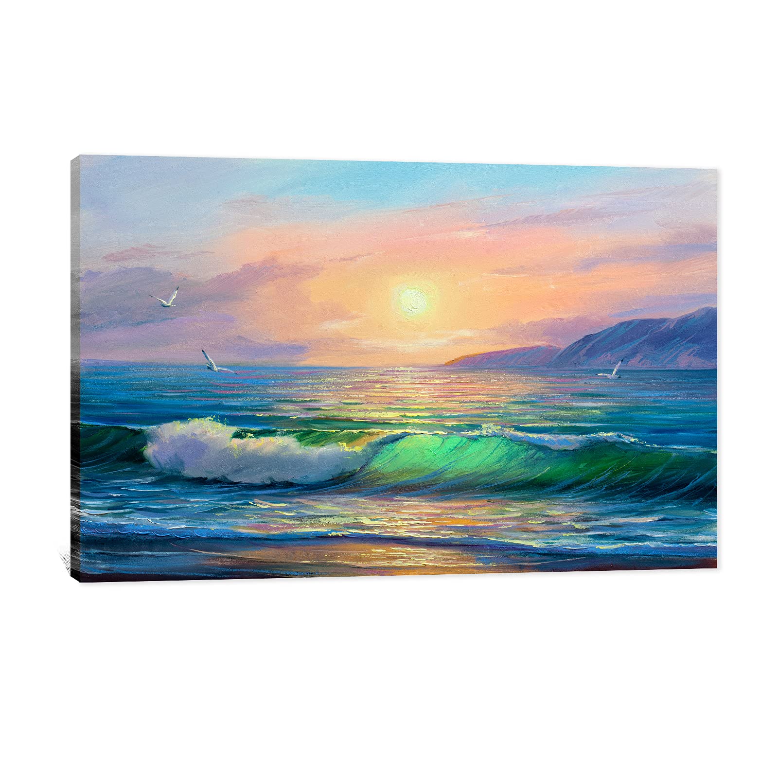 Ocean Wall Art - Abstract Beach Themed Painting for Bathroom & Bedroom Decor - 32x48 Inch Seagull Wall Decor - Perfect for Coastal, Nautical & Beach House Interior Design