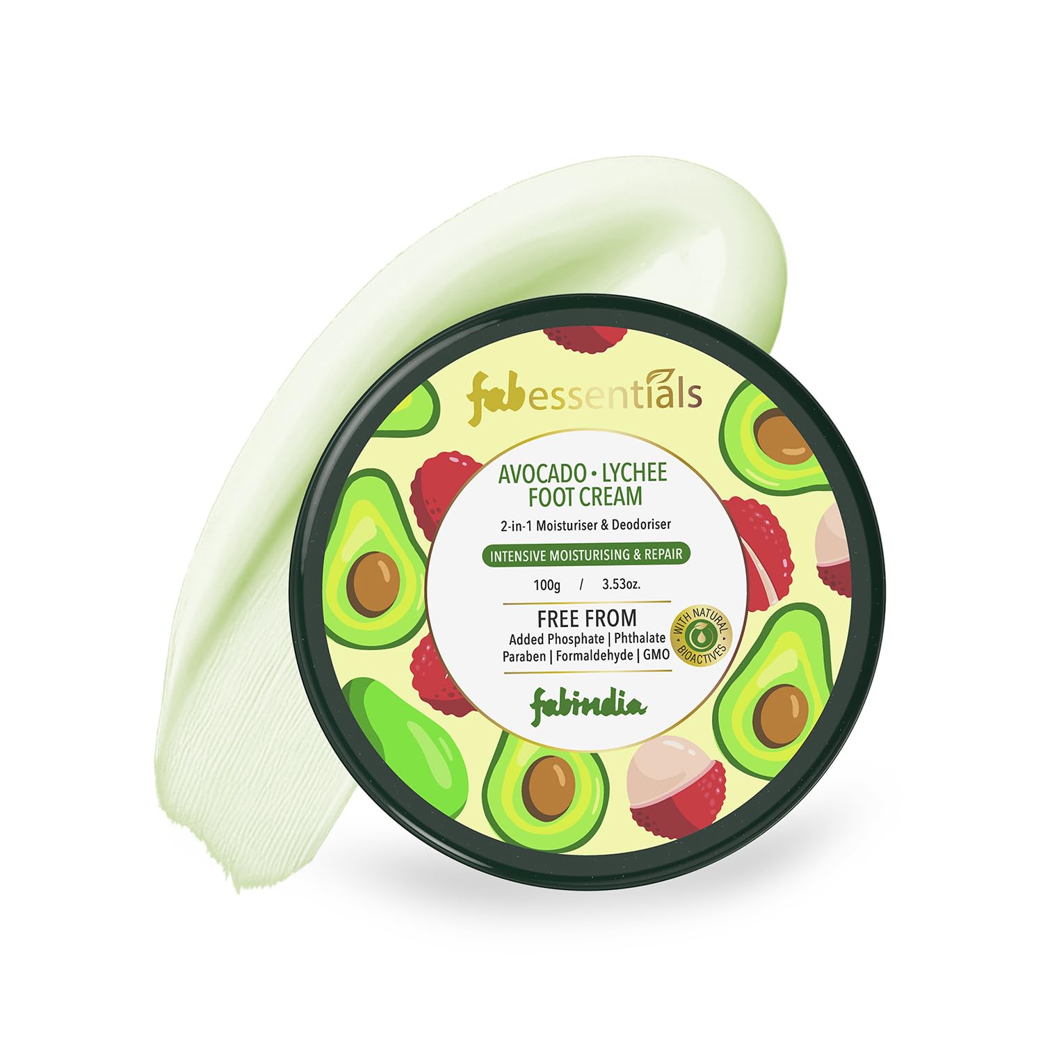 Fabessentials Avocado Lychee Foot Cream with Shea Butter & Jojoba Oil - 2-in-1 Moisturizing & Deodorizing Foot Treatment for Dry Cracked Heels - Intensive Hydration & Repair - 100g - Perfect for Pedicures, After Workout & Overnight Foot Care