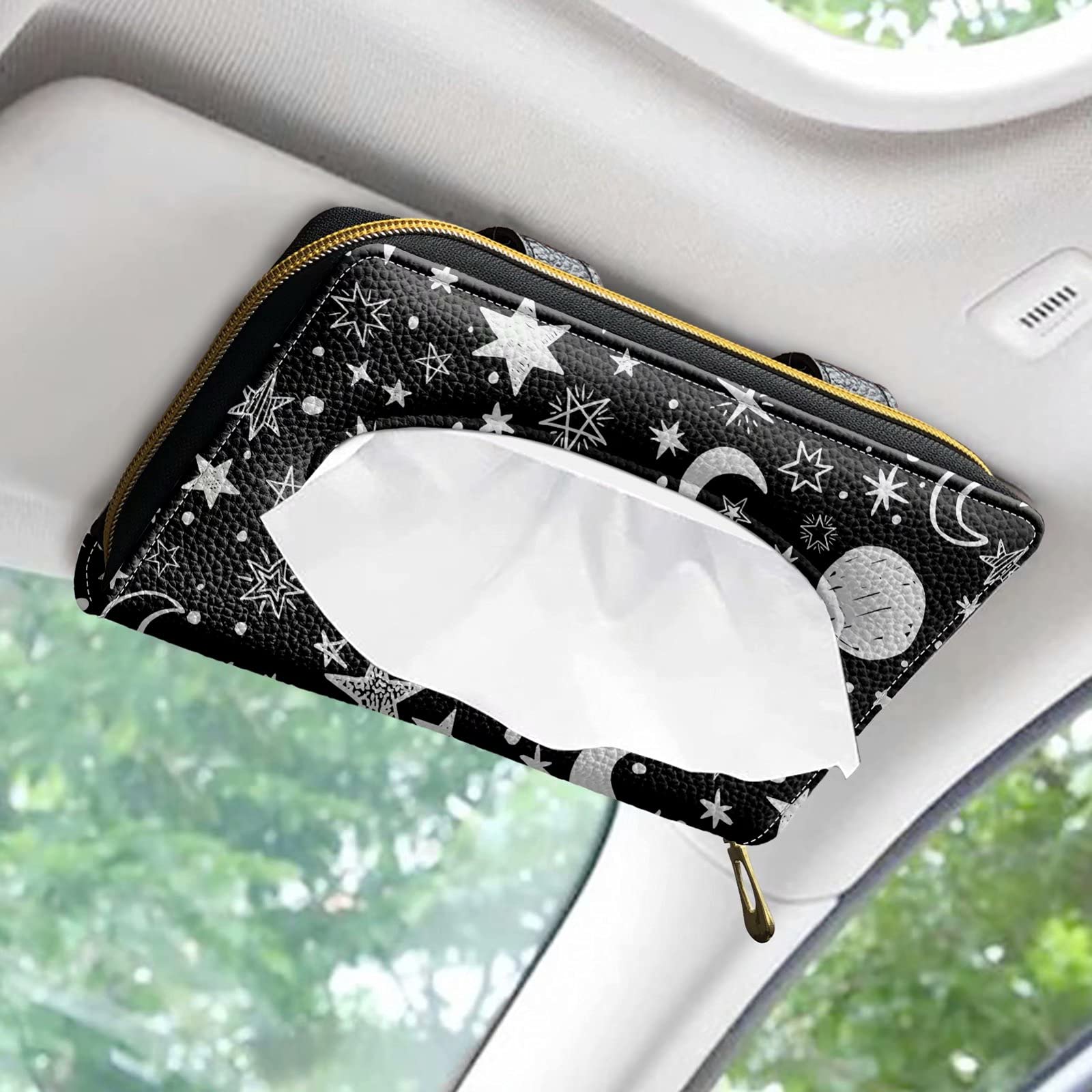 Forchrinse Moon Star Car Tissue Holder - PU Leather Sun Visor Napkin Holder & Backseat Tissue Box Case for Cars (Perfect for Road Trips, Daily Commutes & Family Travel)