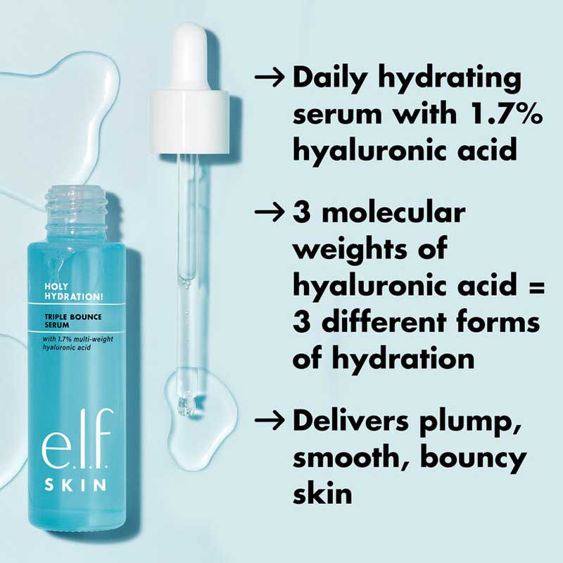 e.l.f. Skin Holy Hydration! Triple Bounce Serum - Hydrating Facial Serum with Hyaluronic Acid for Glowing Skin | Perfect for Daily Skincare Routine & Dry Skin Relief