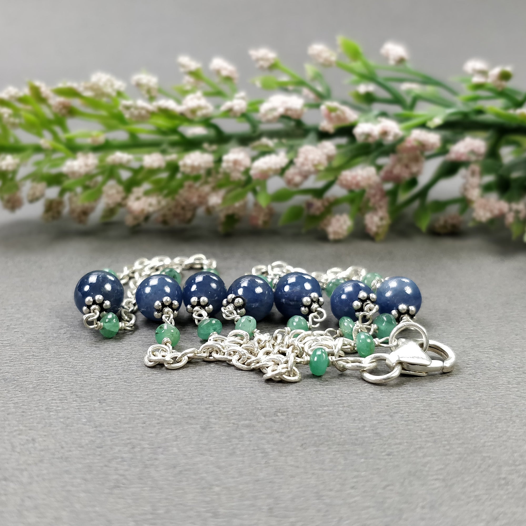Natural Blue Sapphire & Emerald Beads Necklace - 925 Sterling Silver Chain Jewelry for Women | Elegant Gift for Her, Birthday, Anniversary & Special Occasions | Perfect for Weddings, Parties & Everyday Wear